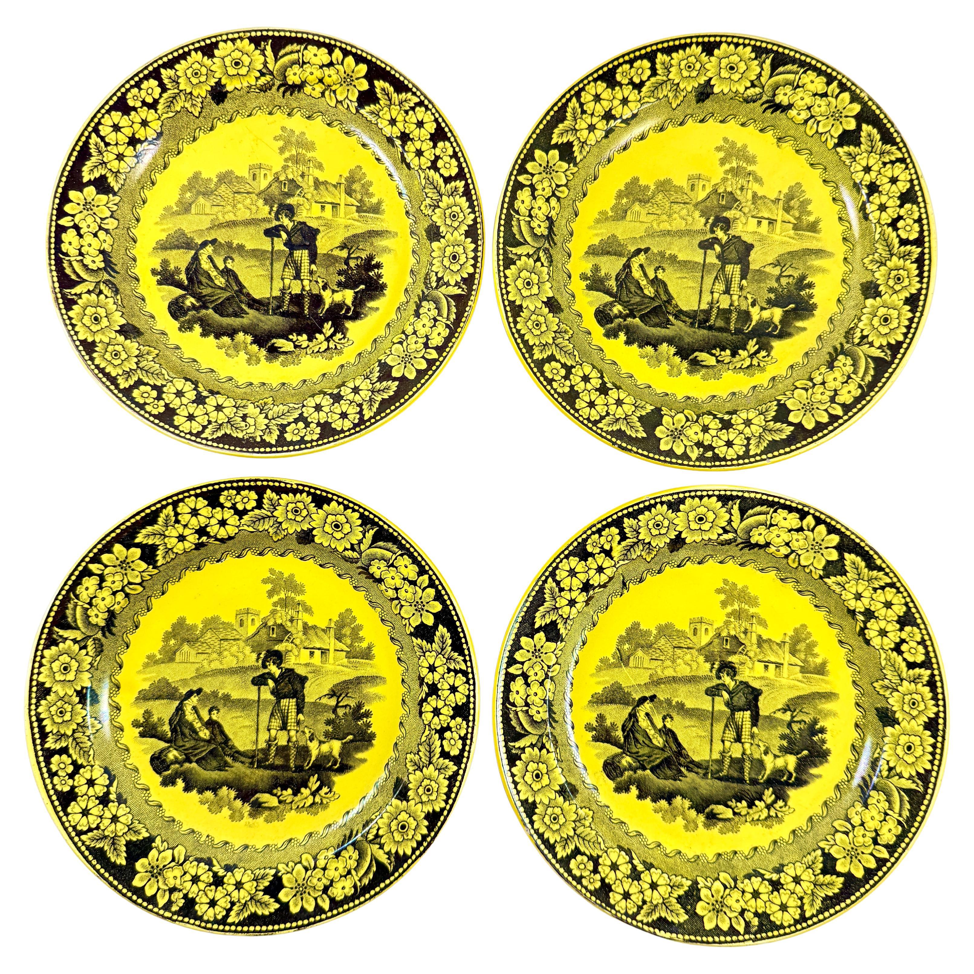 Creil et Montereau Vaisselle à transfert jaune canari Assiettes Famille avec chien fleuri, set