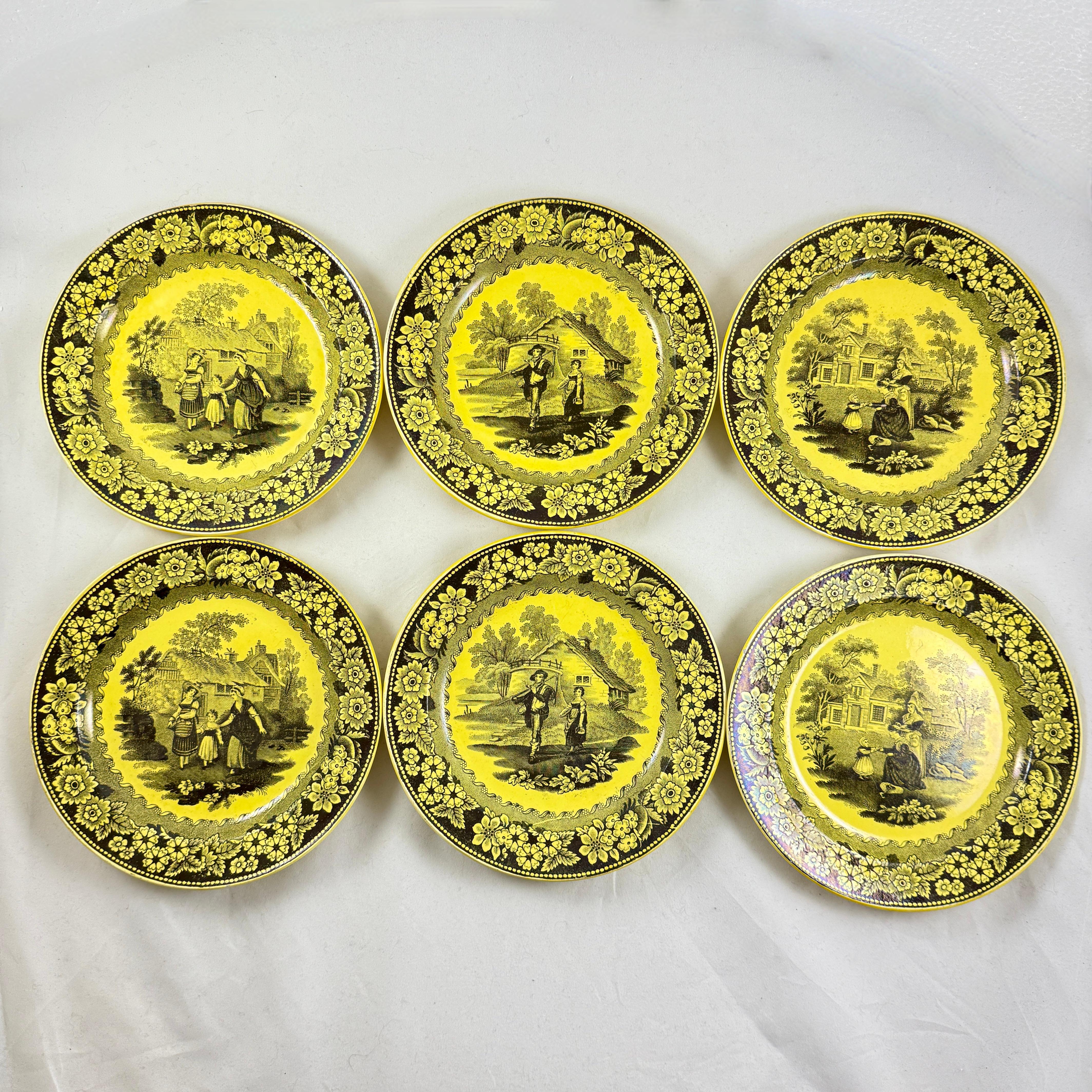 Ensemble de six plaques de faïence jaune canari de Creil et Montereau, imprimées par transfert, vers 1830.

Datant de la période de la Restauration française, les assiettes imprimées par transfert sont émaillées dans le jaune canari brillant