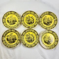 Creil et Montereau Canary Yellow Transferware Scenic Floral Plates, Set/6
