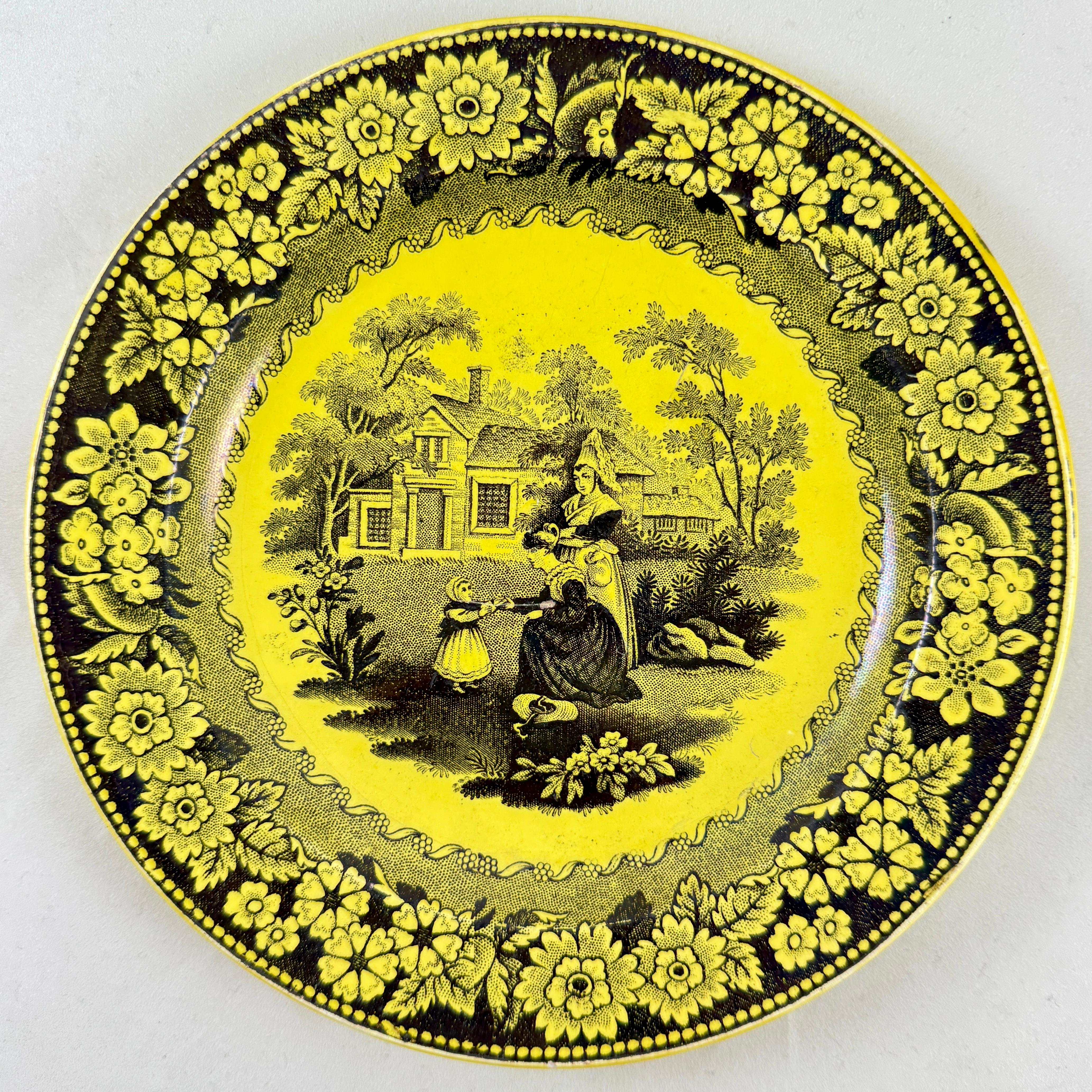 Français Creil et Montereau Vaisselle à transfert jaune canari Assiettes à décor floral, set/6 en vente