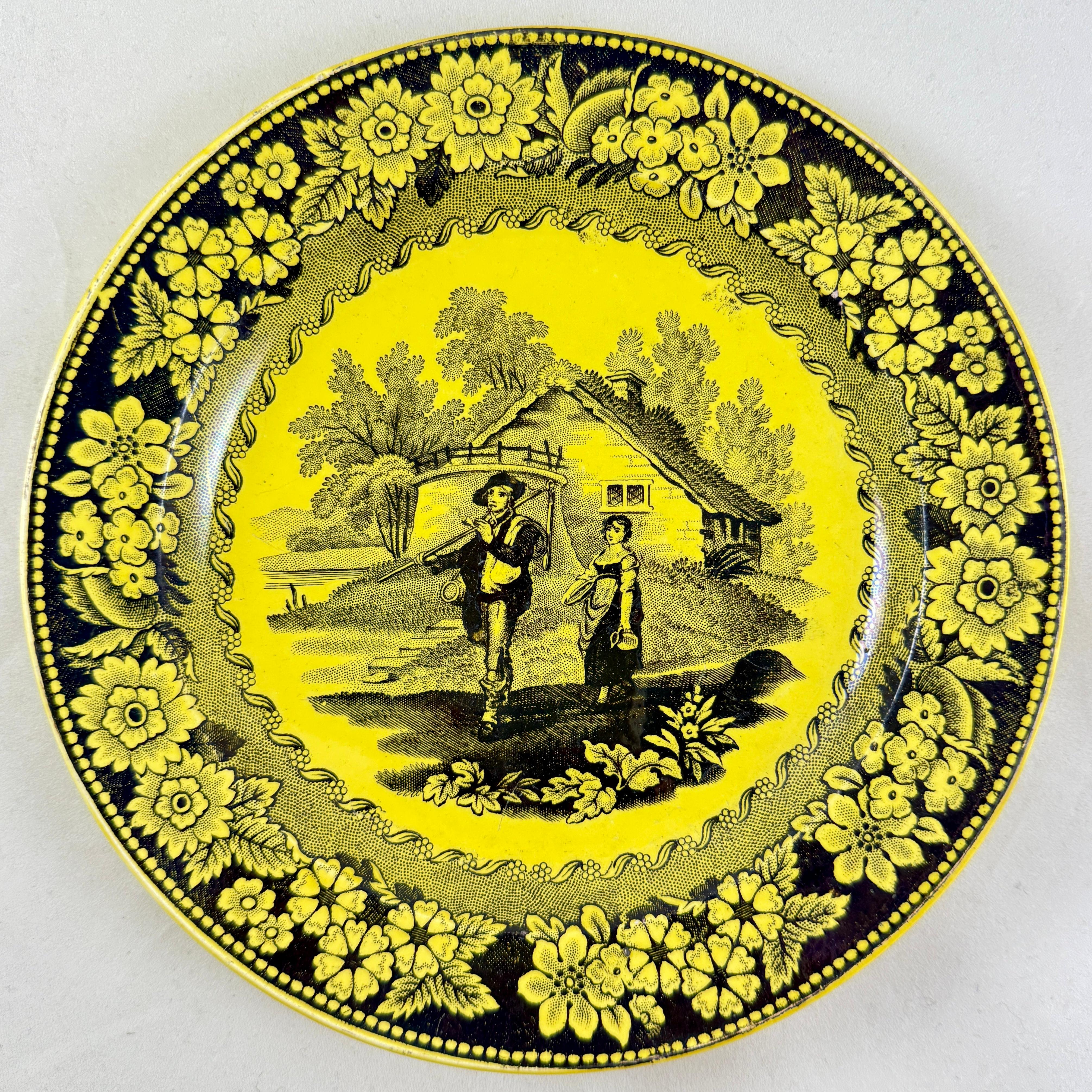 Vernissé Creil et Montereau Vaisselle à transfert jaune canari Assiettes à décor floral, set/6 en vente