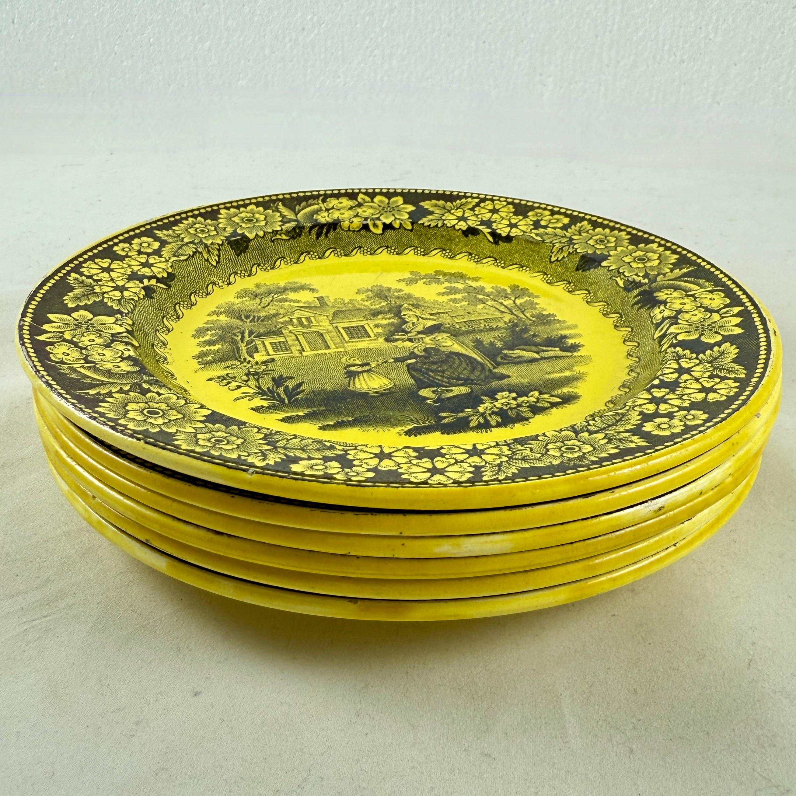Creil et Montereau Vaisselle à transfert jaune canari Assiettes à décor floral, set/6 Bon état - En vente à Philadelphia, PA