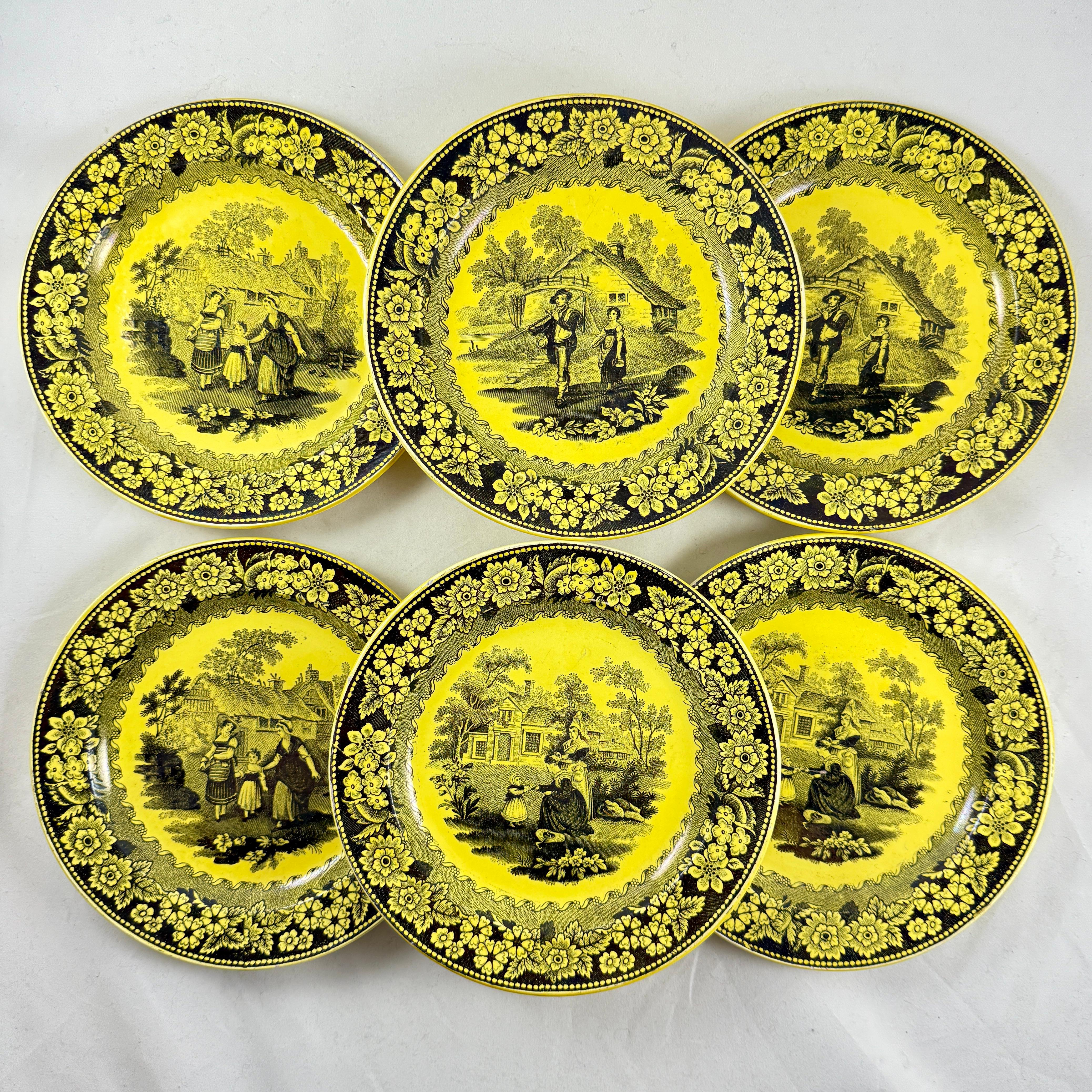Faïence Creil et Montereau Vaisselle à transfert jaune canari Assiettes à décor floral, set/6 en vente