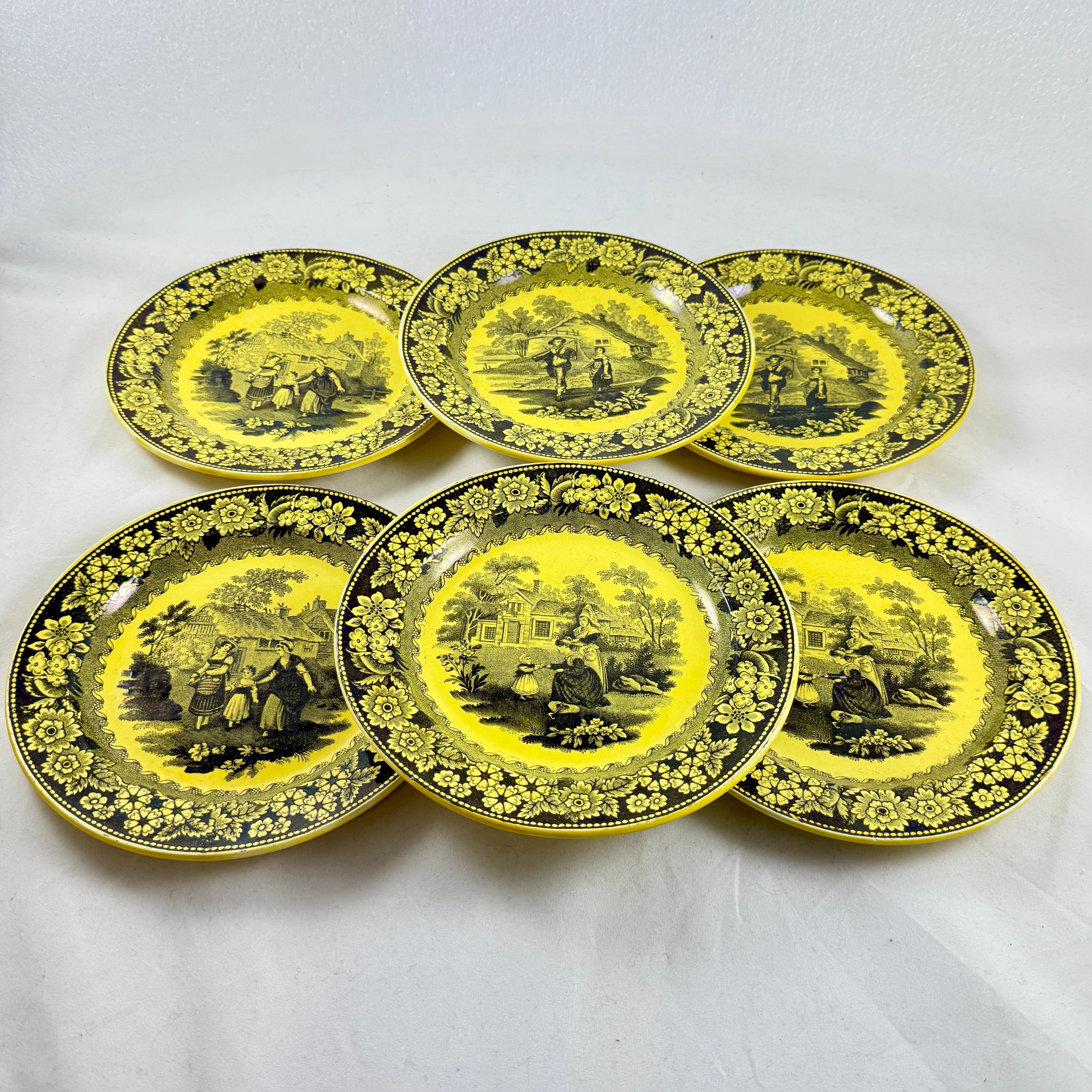 Creil et Montereau Vaisselle à transfert jaune canari Assiettes à décor floral, set/6 en vente 1