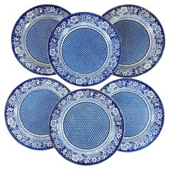 Creil et Montereau Faïence Blue & White Floral Plates, set of six