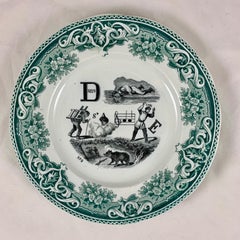 Creil et Montereau Faïence Transferware Modèle Au Rébus Dessert Plates, Set of 6