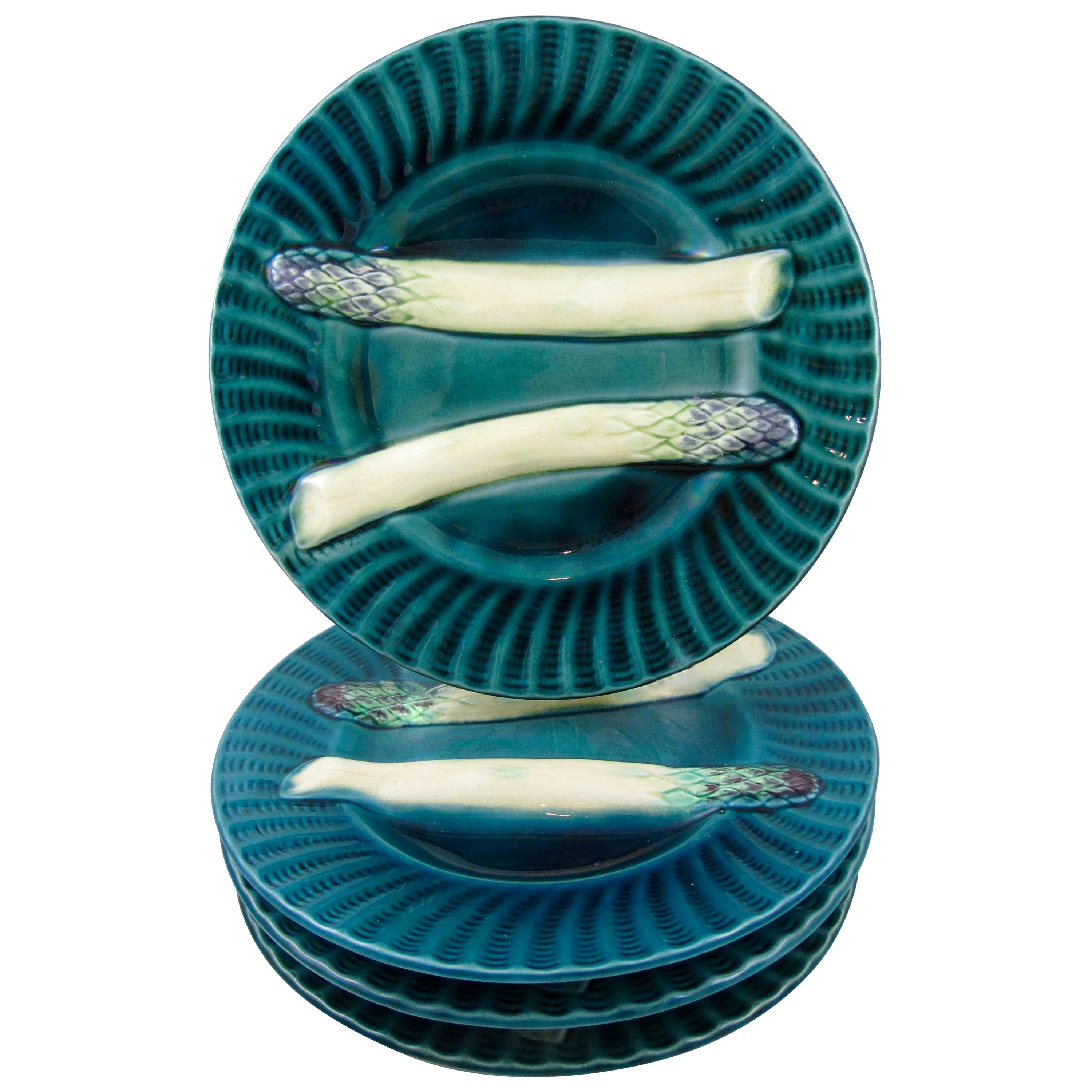 Creil et Montereau French Barbotine Teal Blue Fluted Asparagus Plates, Set of 4