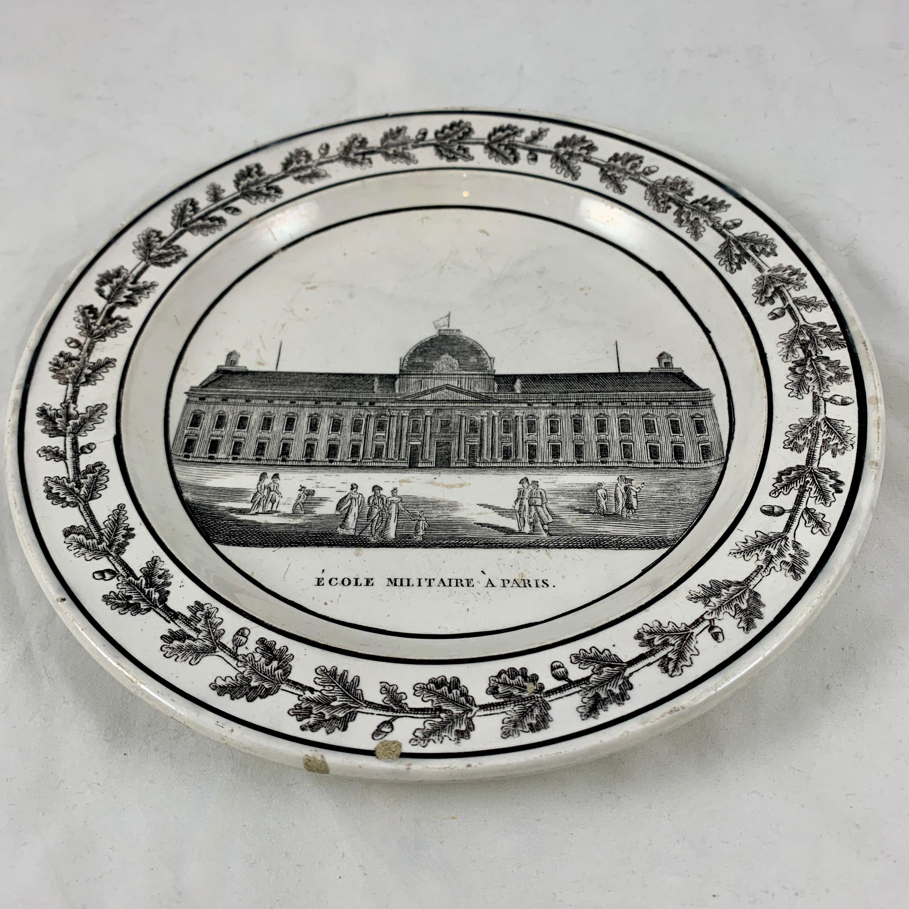 19th Century Creil Ét Montereau French Creamware École Militaire À Paris Architecture Plate For Sale