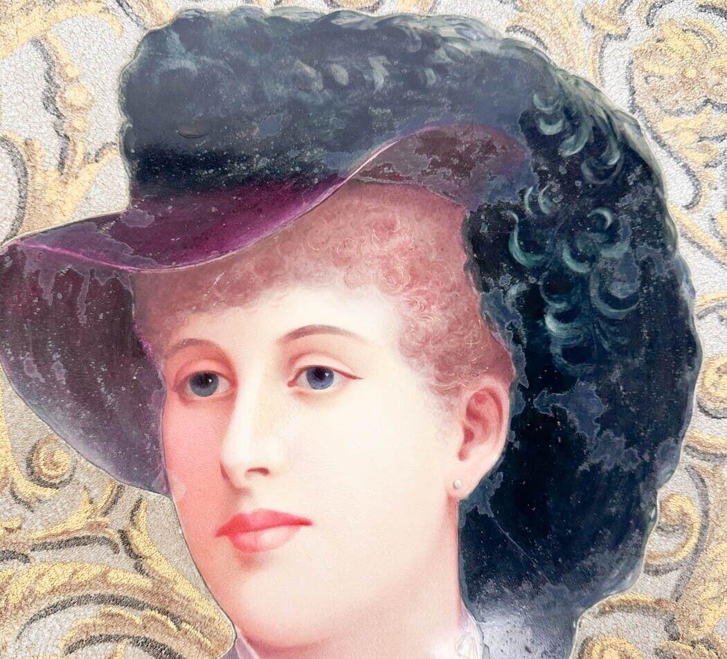 Creil et Montereau Wall Hanging Portrait Charger, circa 1900. Large charger with a hand painted portrait of a woman in a hat, artist signed 