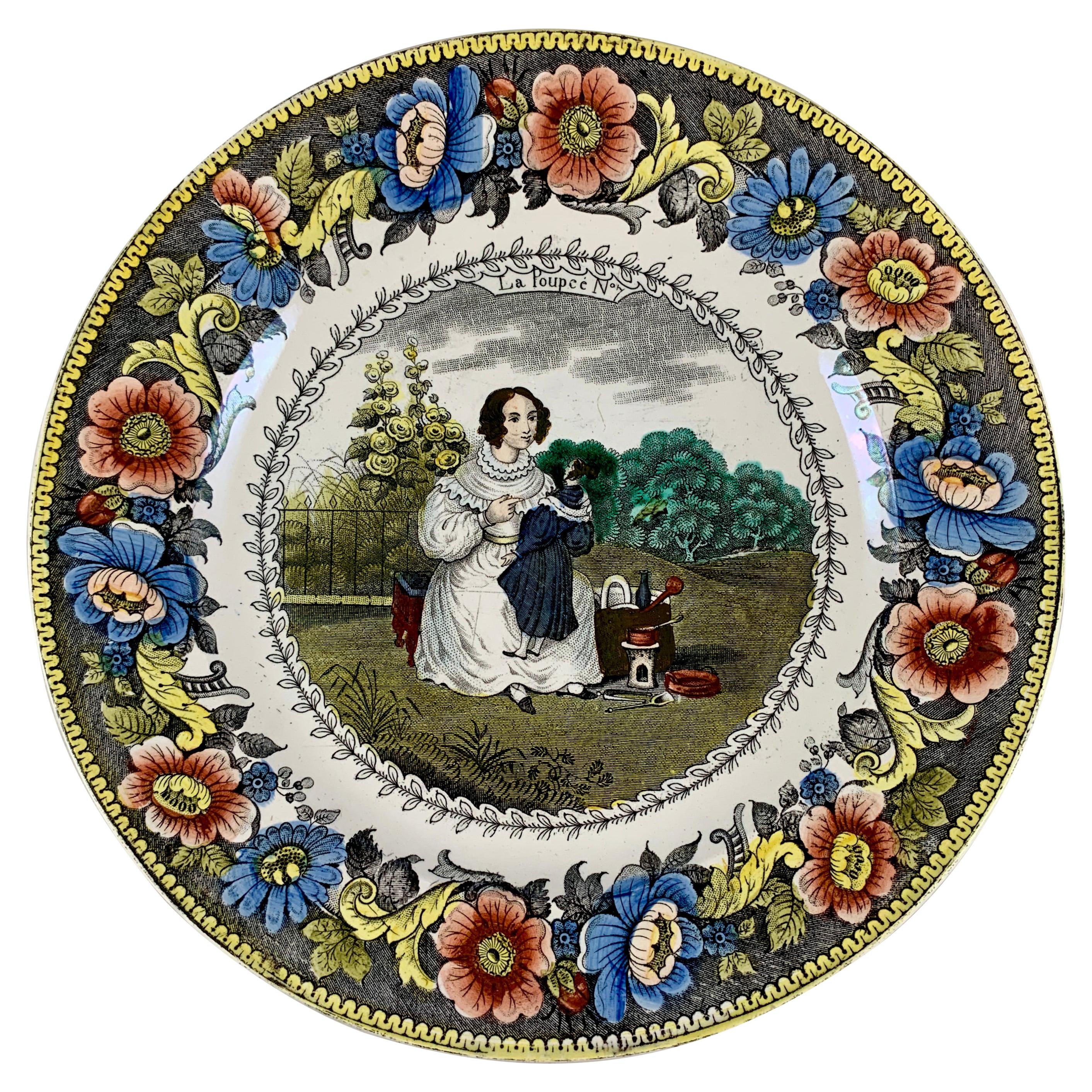 Creil Polychrome Transferware Polychrome Plate – La Poupeé, The Doll, circa 1830