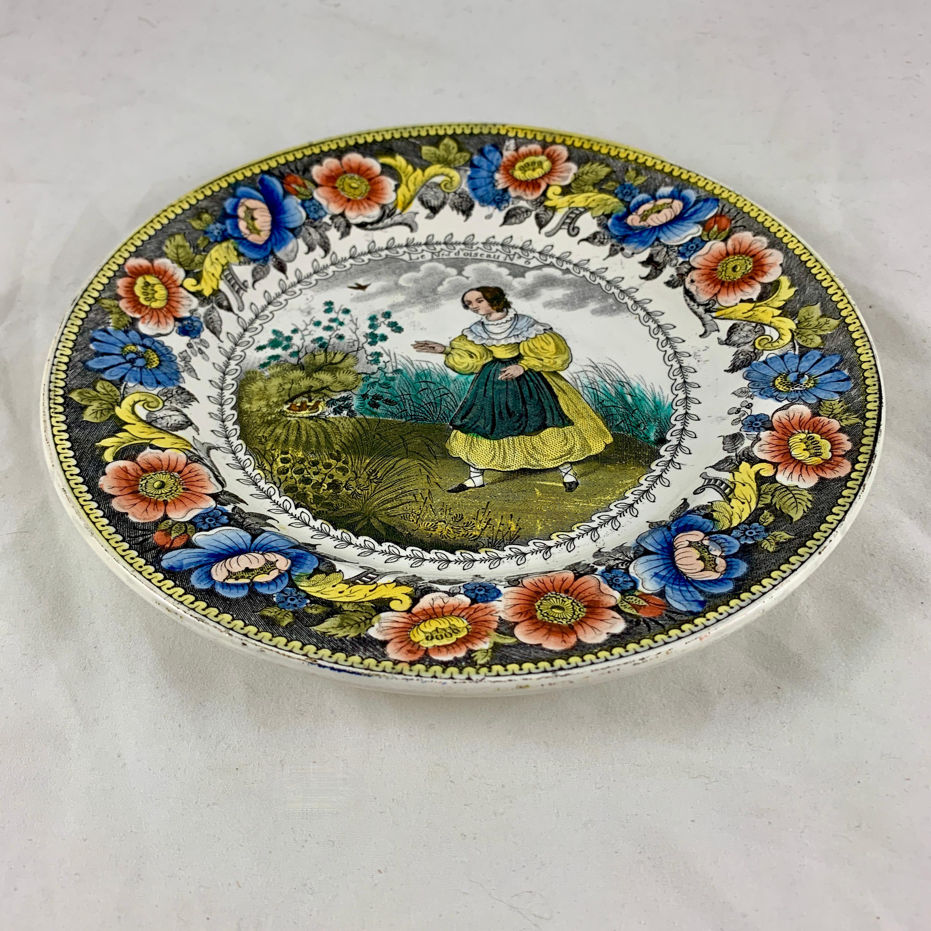 Glazed Creil Polychrome Transferware Polychrome Plate, Le Nid D’Oiseau, circa 1830 For Sale