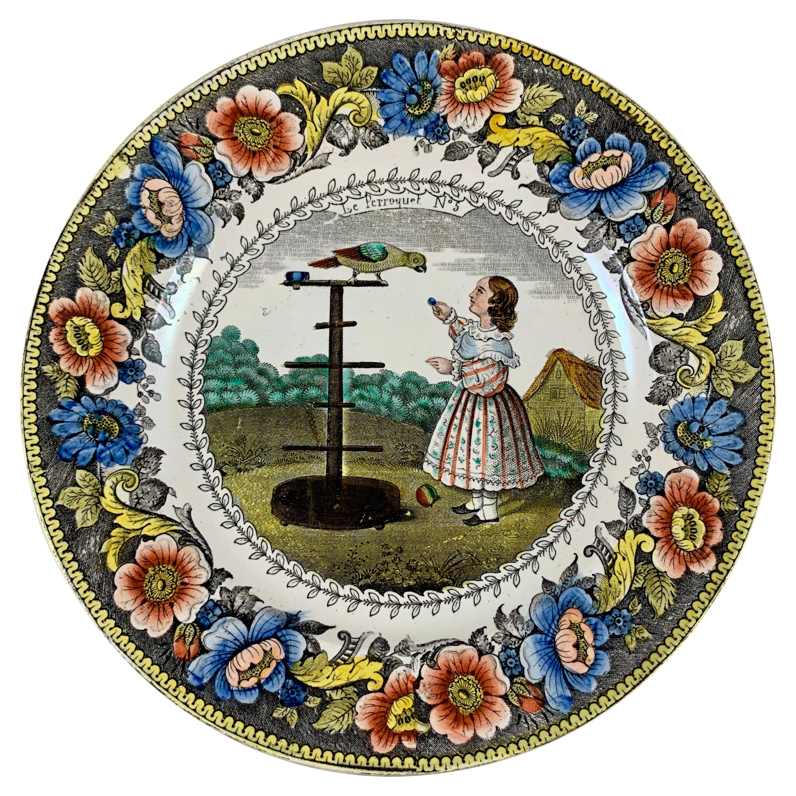 Creil Polychrome Transferware Polychrome Plate, Le Perroquet, circa 1830 For Sale