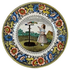 Assiette polychrome en verre à transfert de CIRCA, Le Perroquet, vers 1830