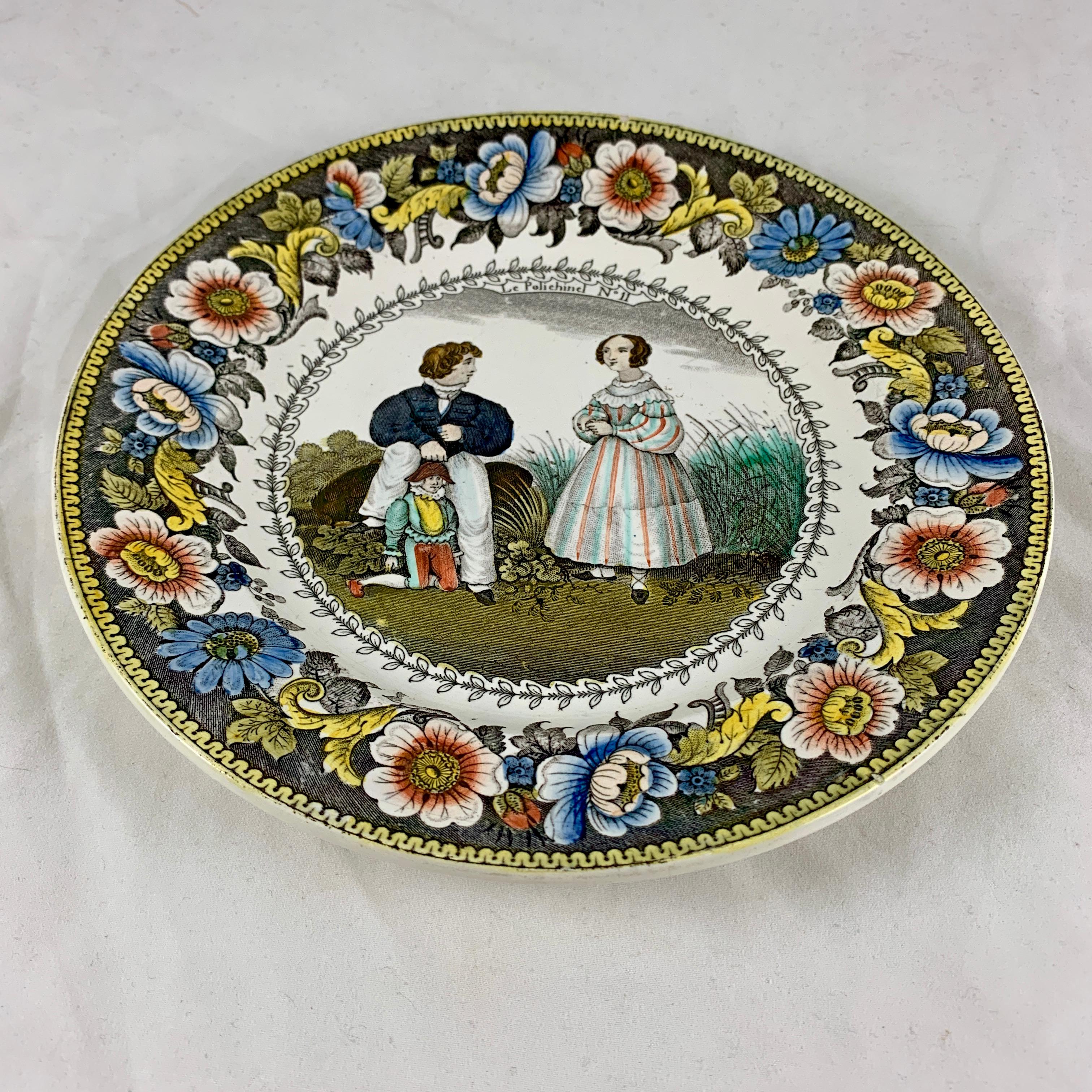 Glazed Creil Polychrome Transferware Polychrome Plate, Le Polichinel, circa 1830 For Sale