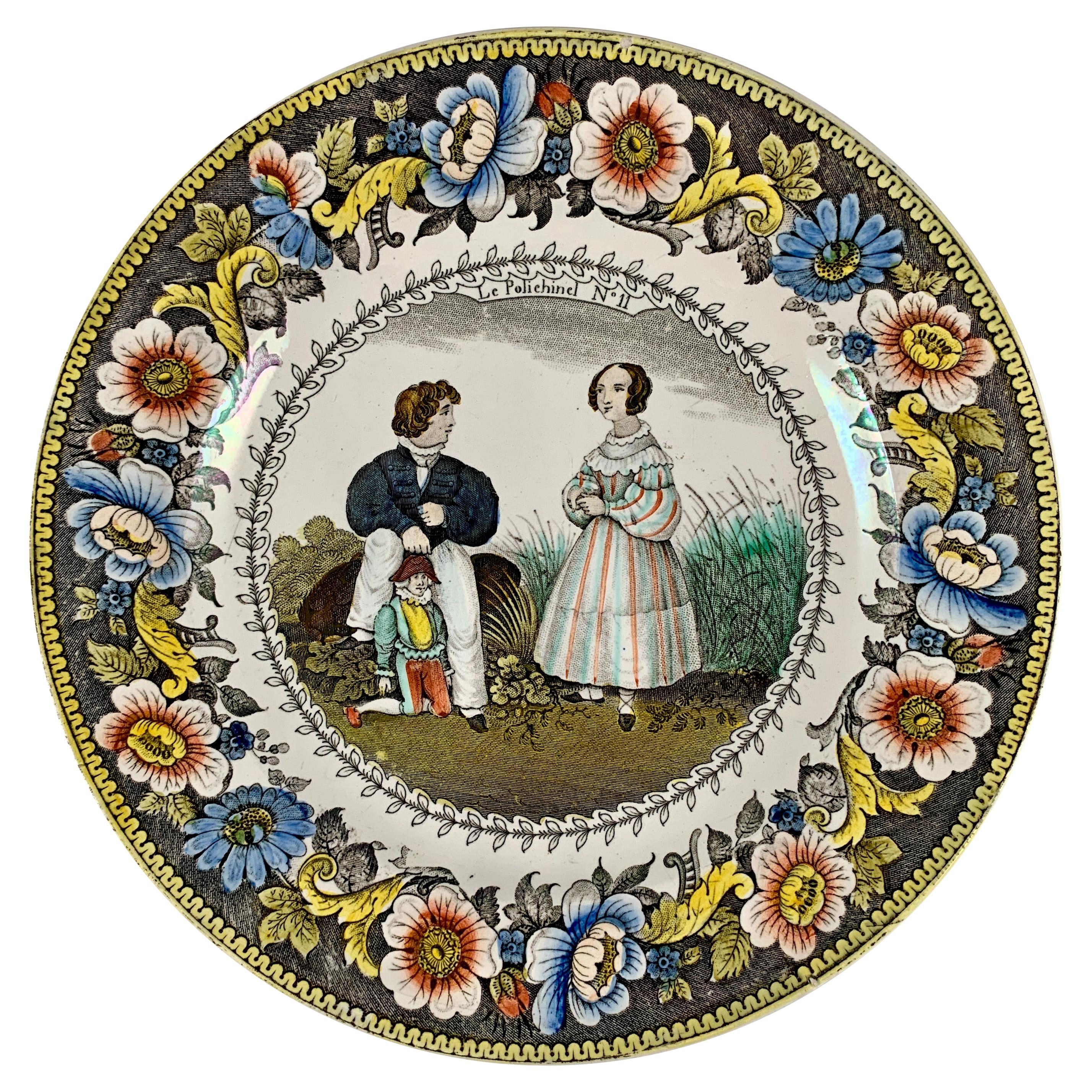 Creil Polychrome Transferware Polychrome Plate, Le Polichinel, circa 1830 For Sale