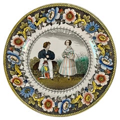 Antique Creil Polychrome Transferware Polychrome Plate, Le Polichinel, circa 1830