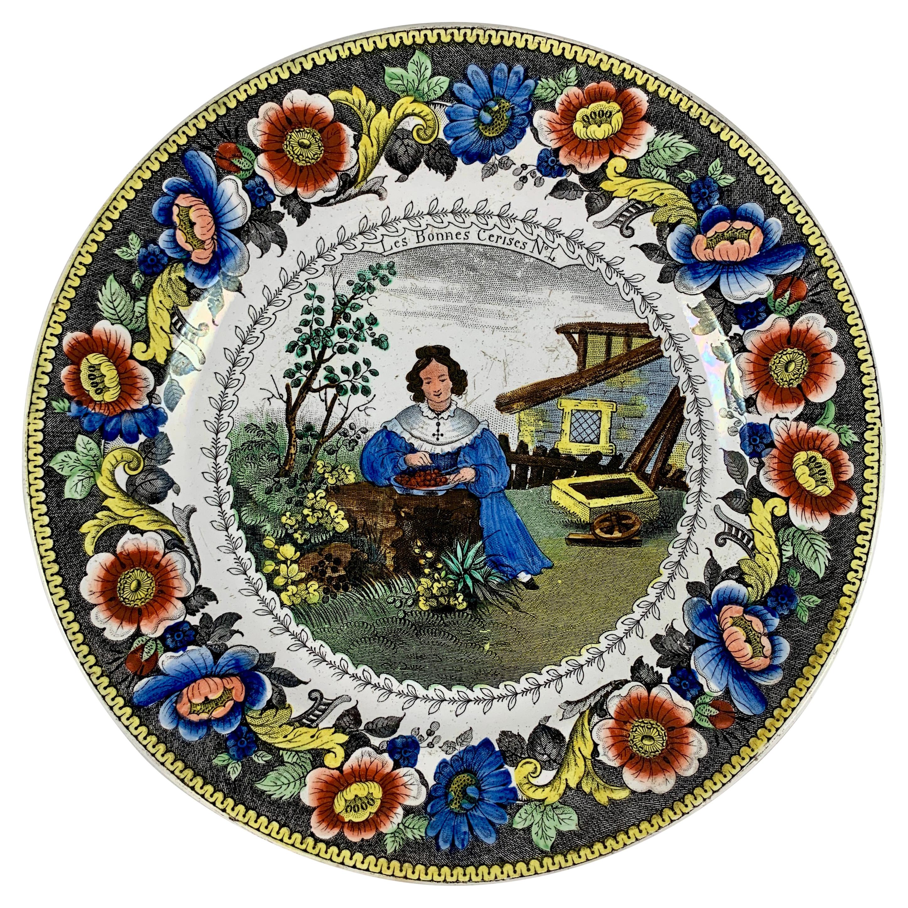 Piatto policromo trasferito di Creil, Les Bonnes Cerises, 1830 ca.