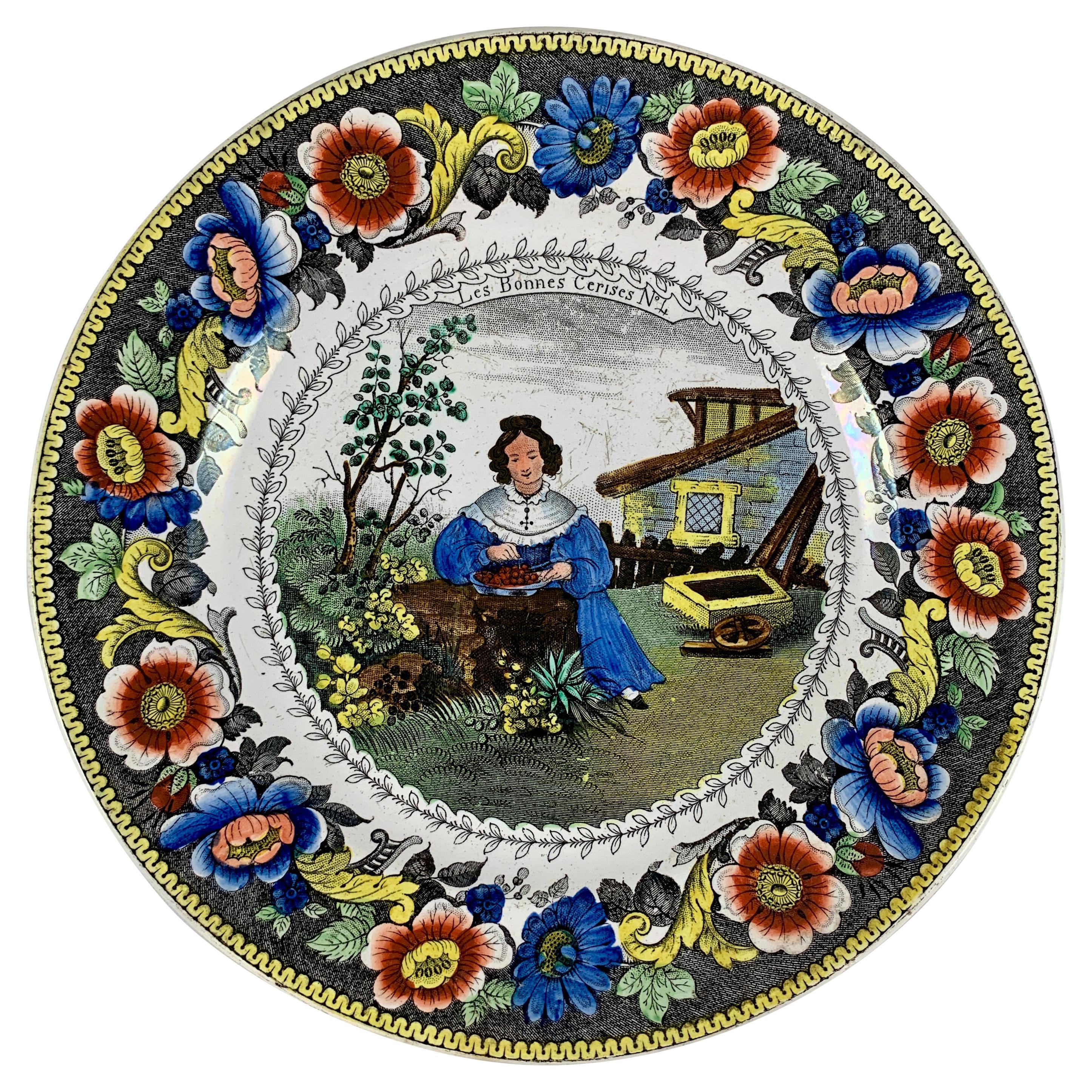 Creil Polychrome Transferware Polychrome Plate, Les Bonnes Cerises, circa 1830 For Sale