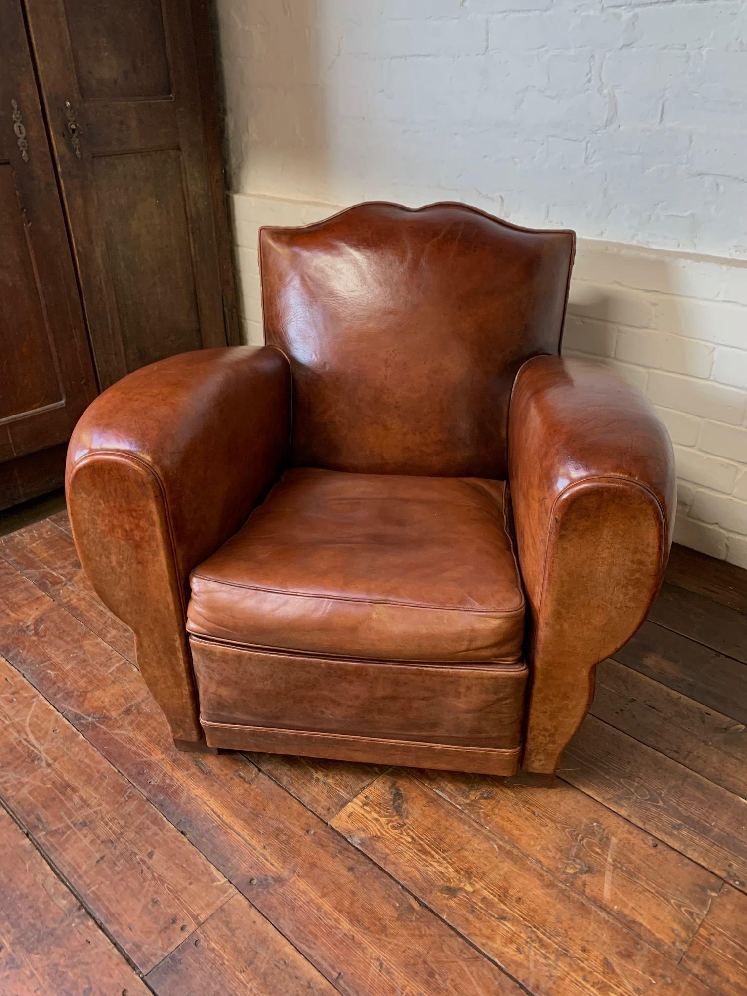 Crème de la crème! A pair of 1940's French Leather Club Chairs Moustache Models For Sale 5