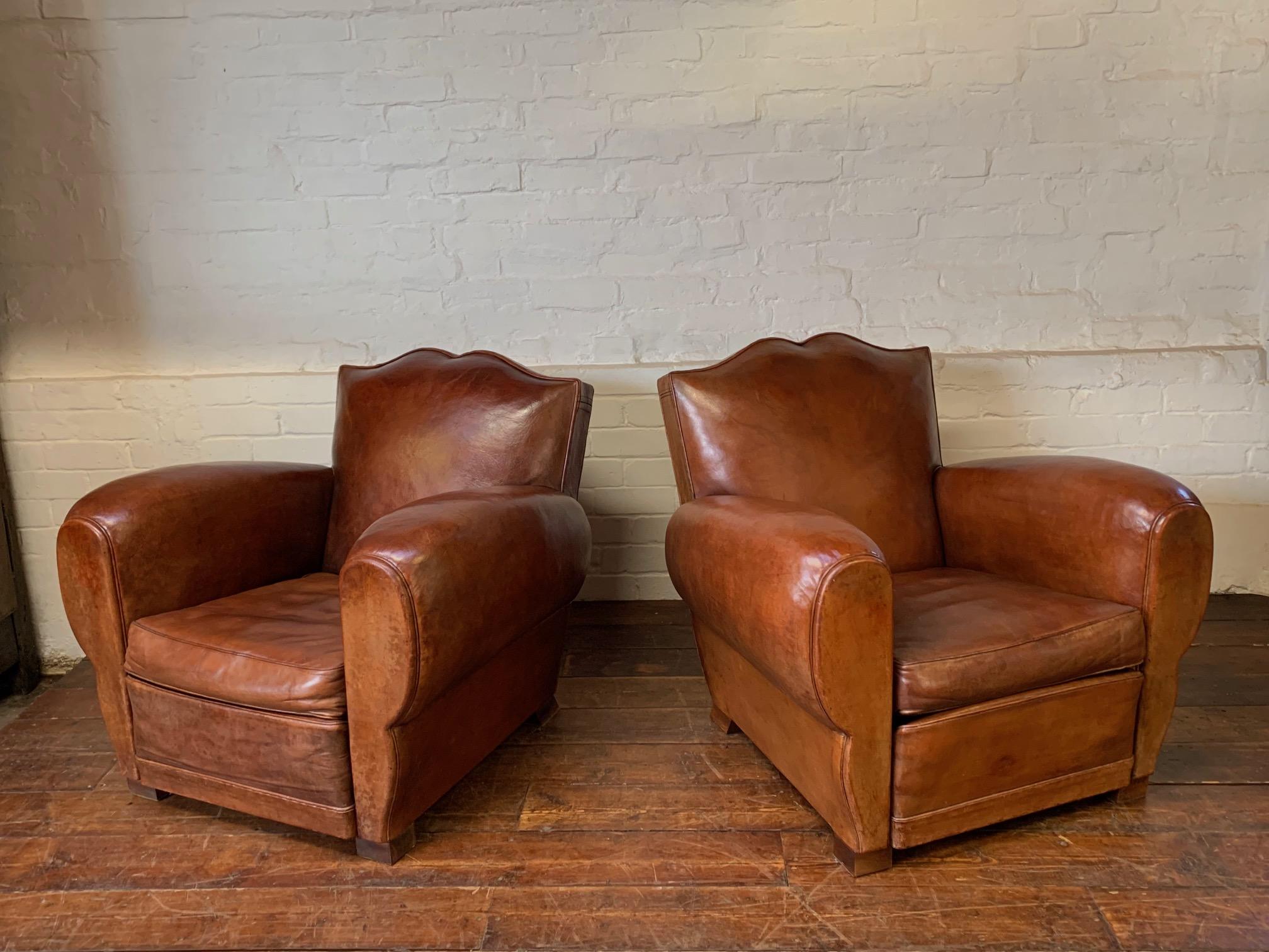 Crème de la crème! A pair of 1940's French Leather Club Chairs Moustache Models For Sale 6