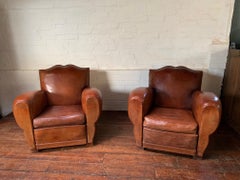 Crème de la crème! A pair of 1940's French Leather Club Chairs Moustache Models