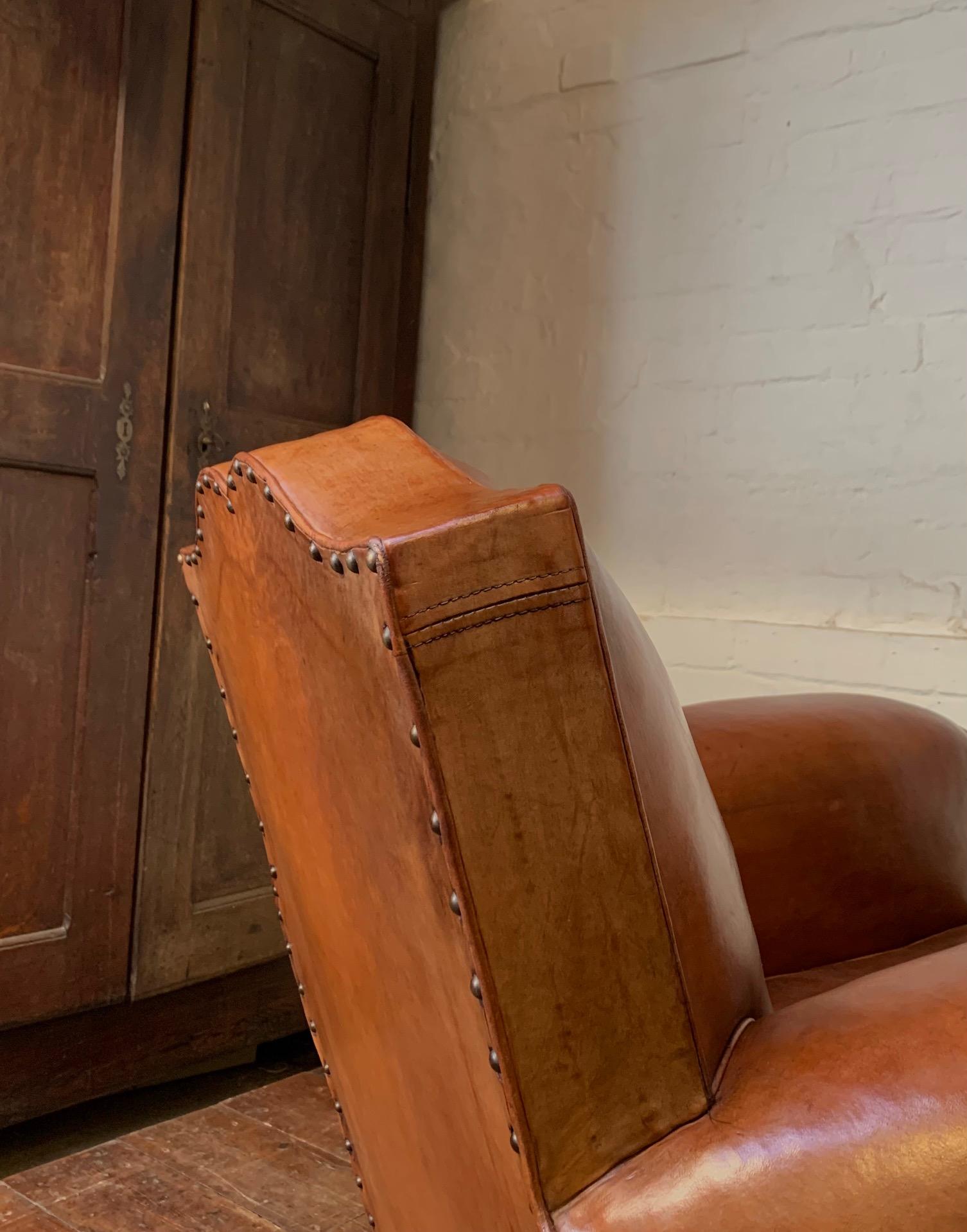 Crème de la crème! A pair of 1940's French Leather Club Chairs Moustache Models For Sale 1