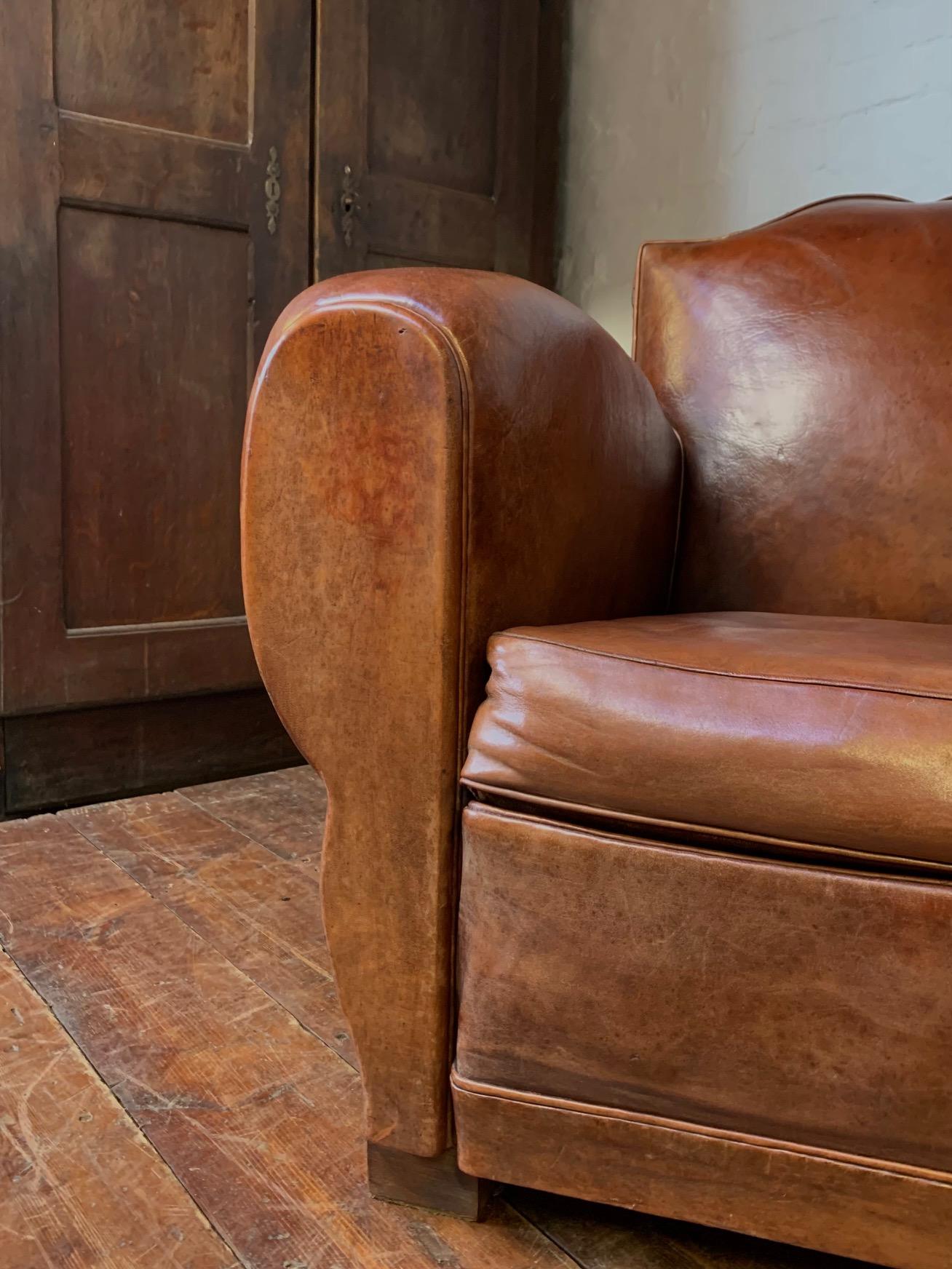 Crème de la crème! A pair of 1940's French Leather Club Chairs Moustache Models For Sale 2