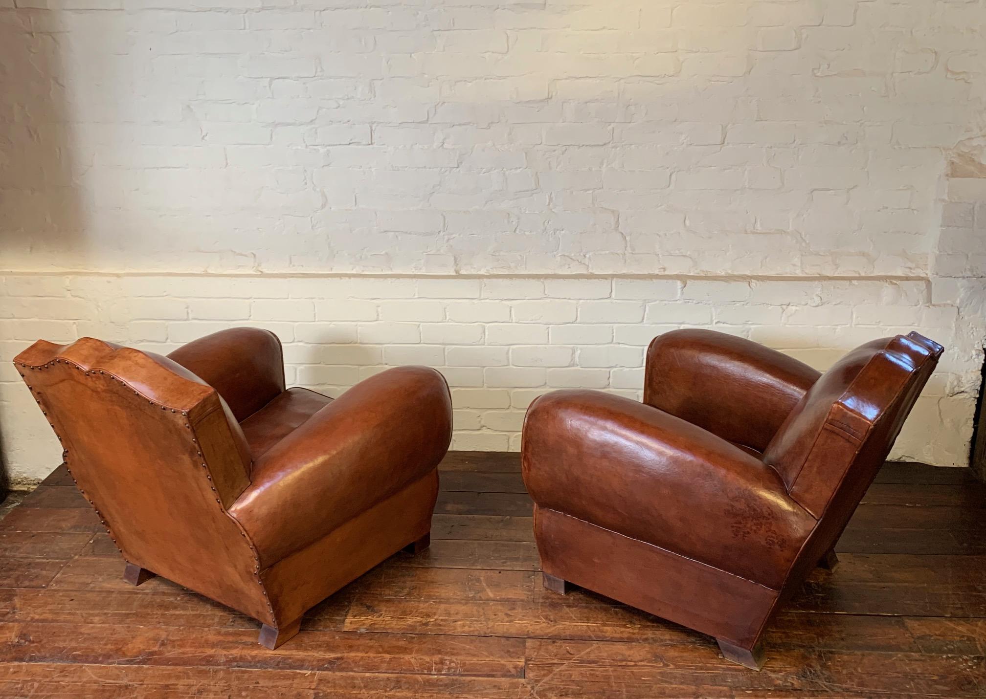 Crème de la crème! A pair of 1940's French Leather Club Chairs Moustache Models For Sale 3