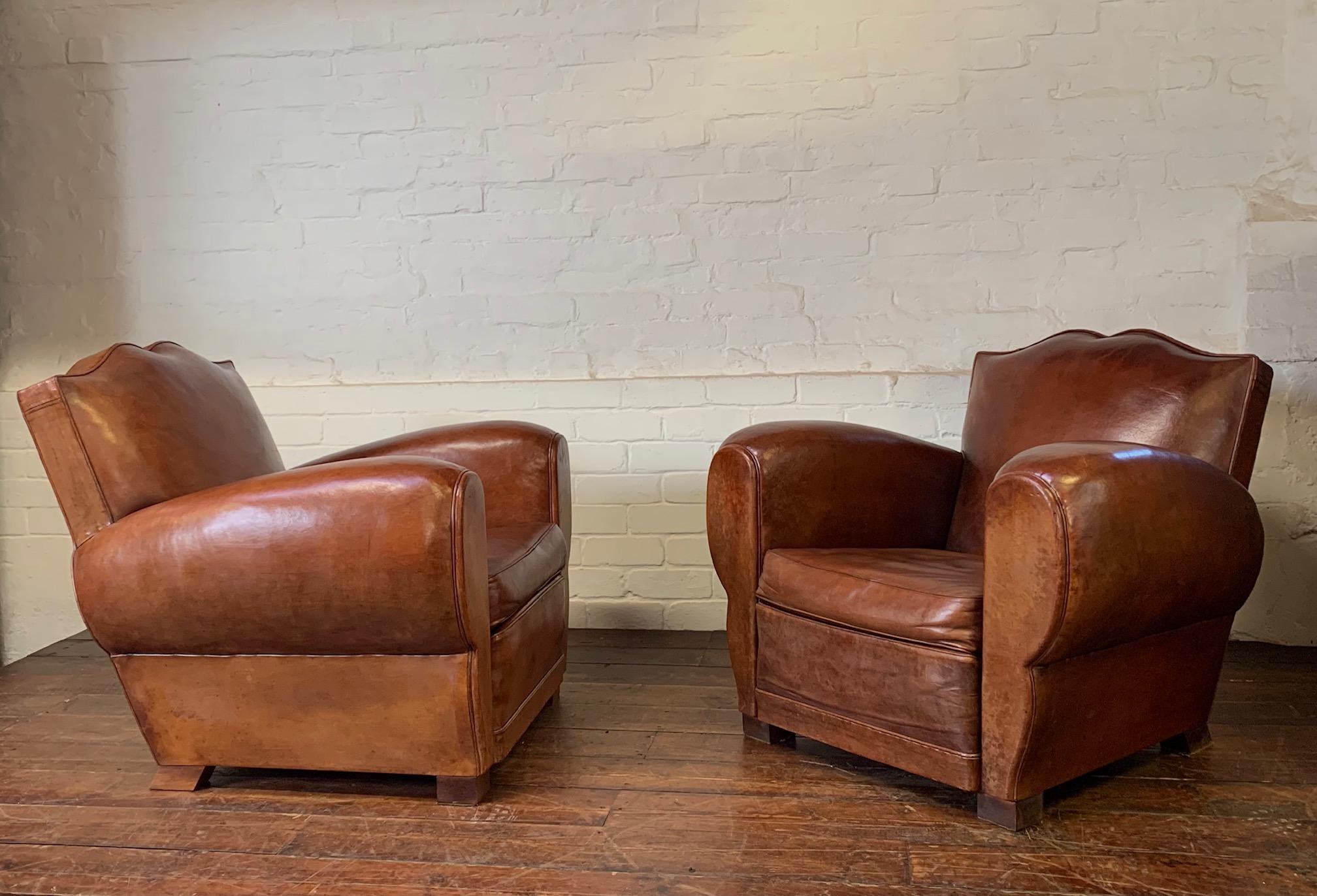 Crème de la crème! A pair of 1940's French Leather Club Chairs Moustache Models For Sale 4