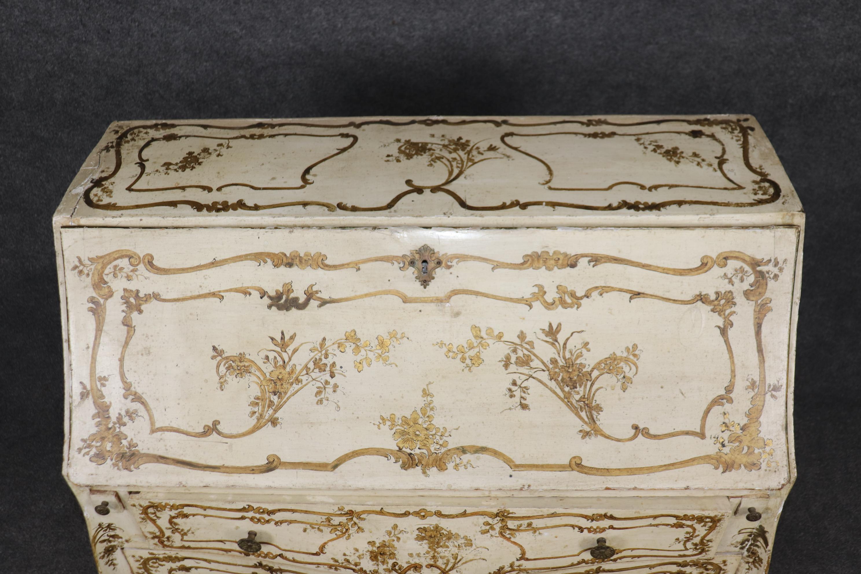 Walnut Creme Paint Decorated Rococo Italian Venetian Paint Decorated Secretary Desk