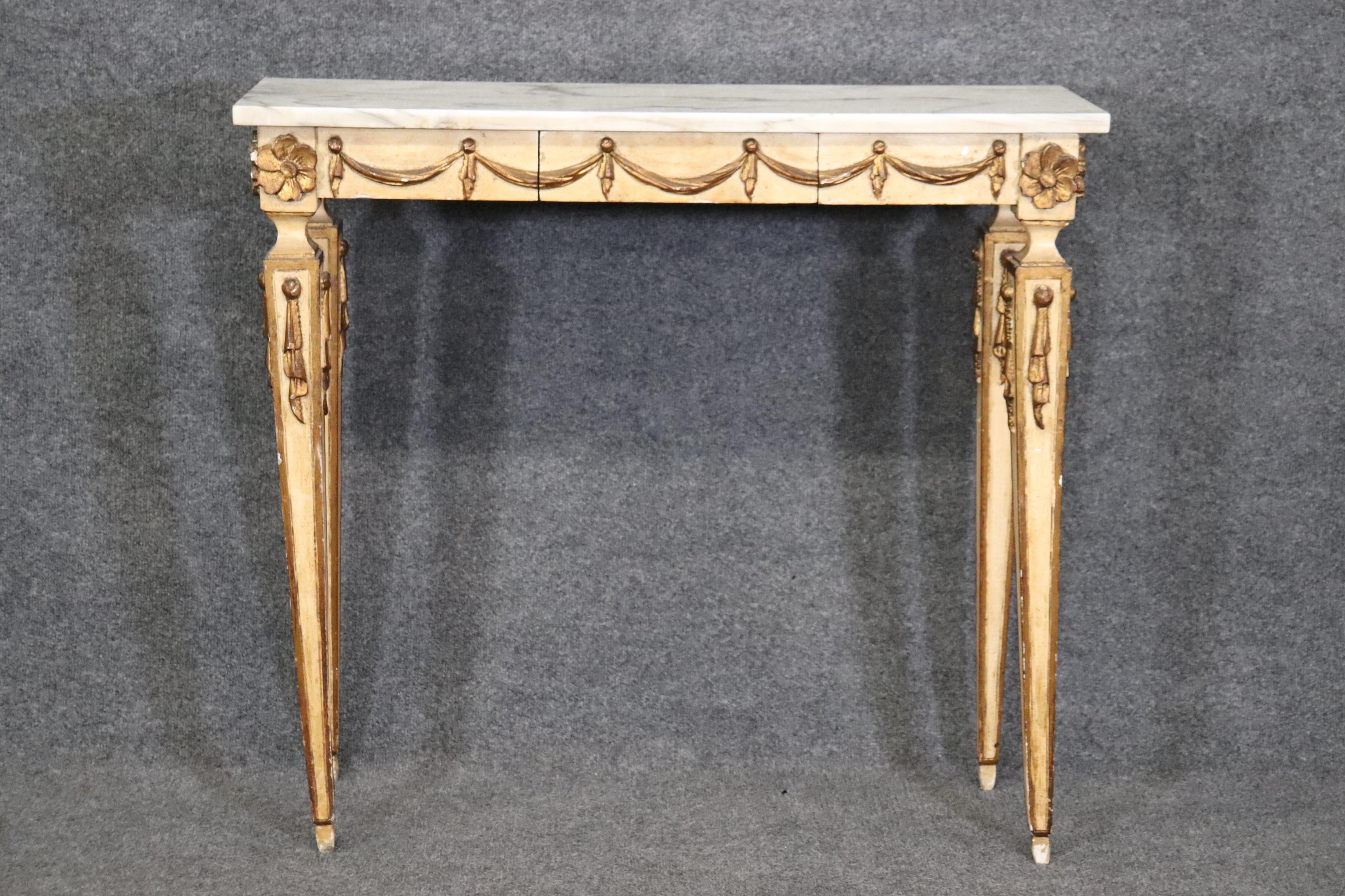 Neoclassical Revival Creme Painted Marble Top Neoclassical Style Italian Console Table with Drawer For Sale