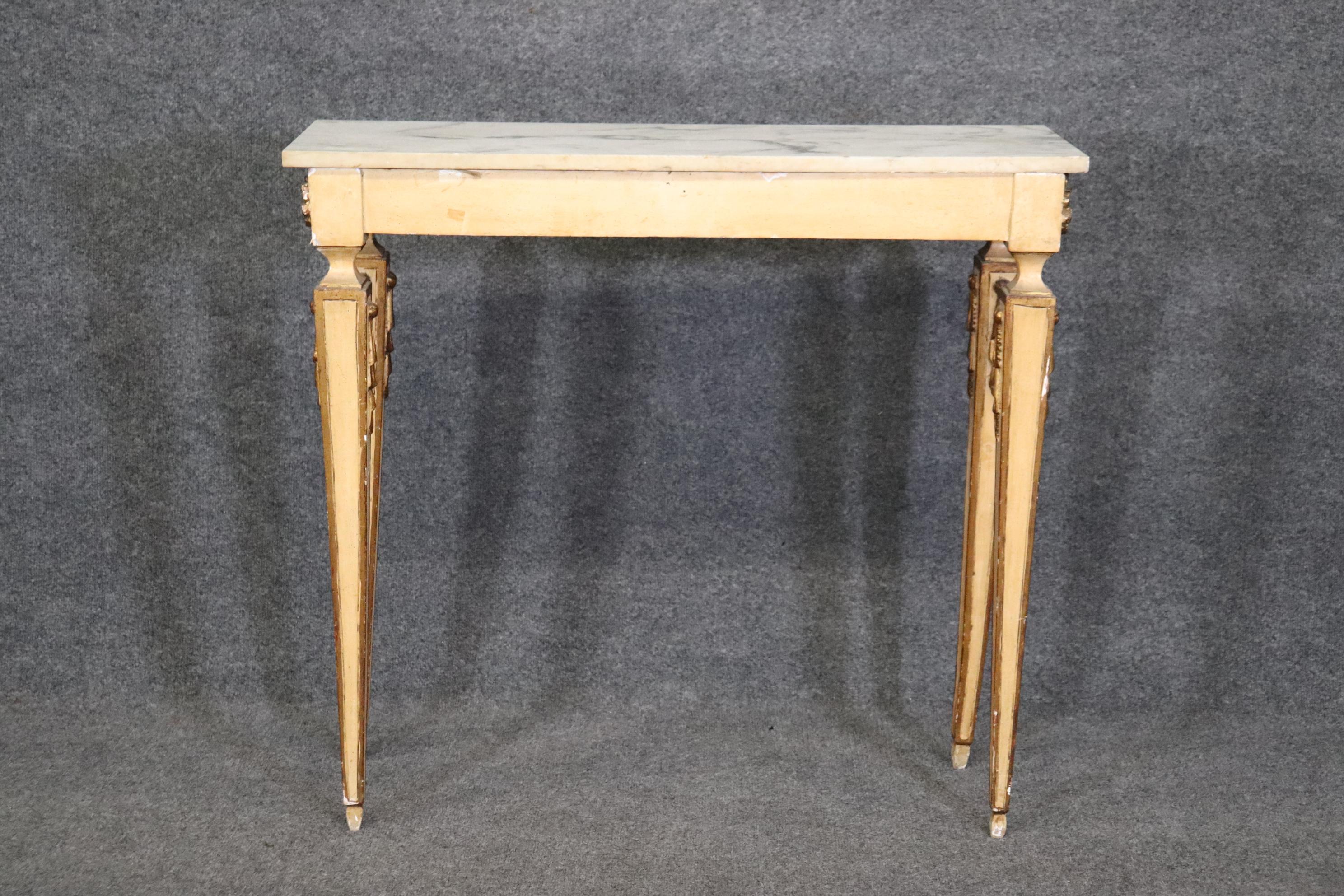 Mid-20th Century Creme Painted Marble Top Neoclassical Style Italian Console Table with Drawer For Sale