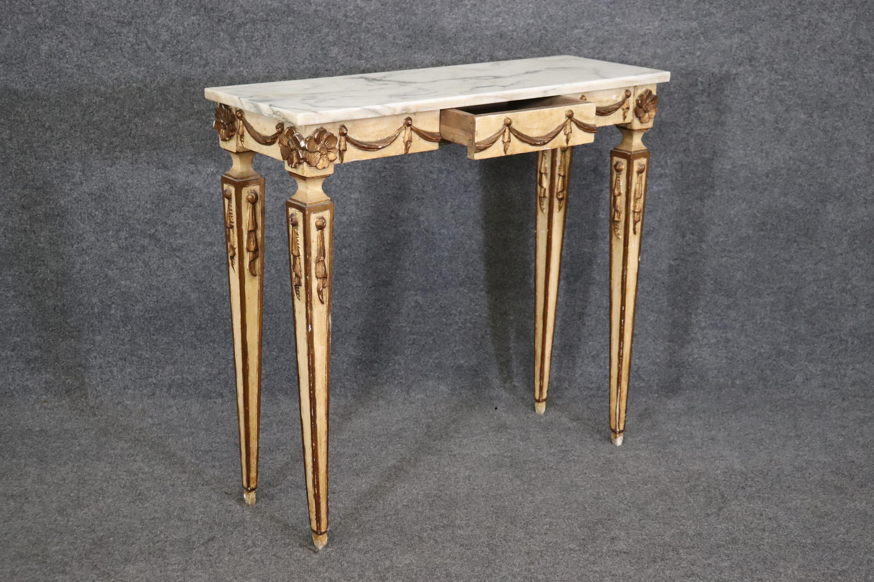 Creme Painted Marble Top Neoclassical Style Italian Console Table with Drawer For Sale 1