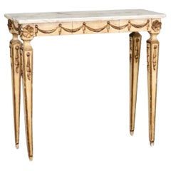 Tavolo consolle italiano in stile neoclassico con cassetto e piano in marmo dipinto a crema