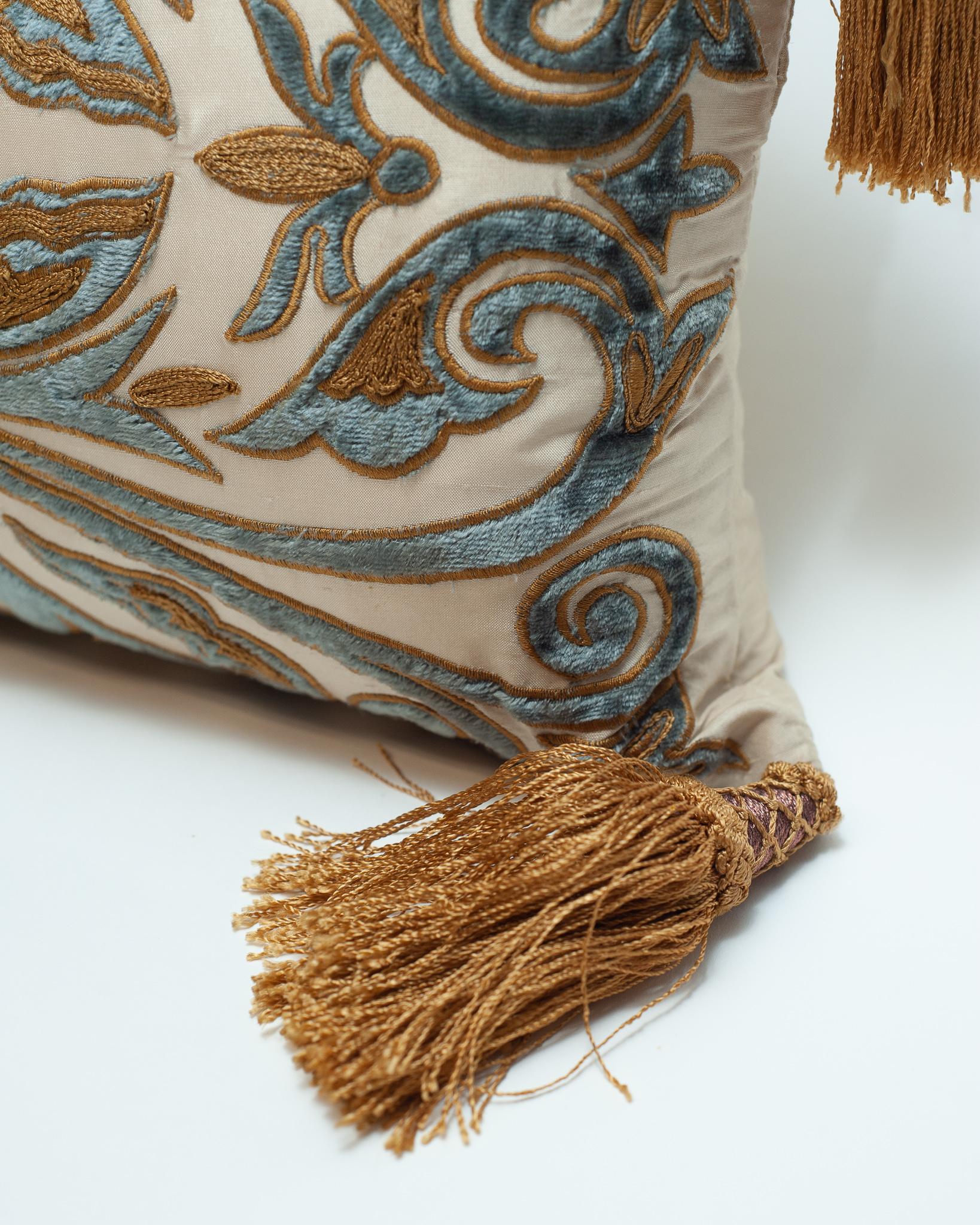 Italian Creme Silk Pillow with Gold Embroidery and Blue Cut Pile Velvet Detail For Sale