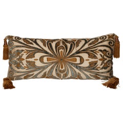 Creme Silk Pillow with Gold Embroidery and Blue Cut Pile Velvet Detail