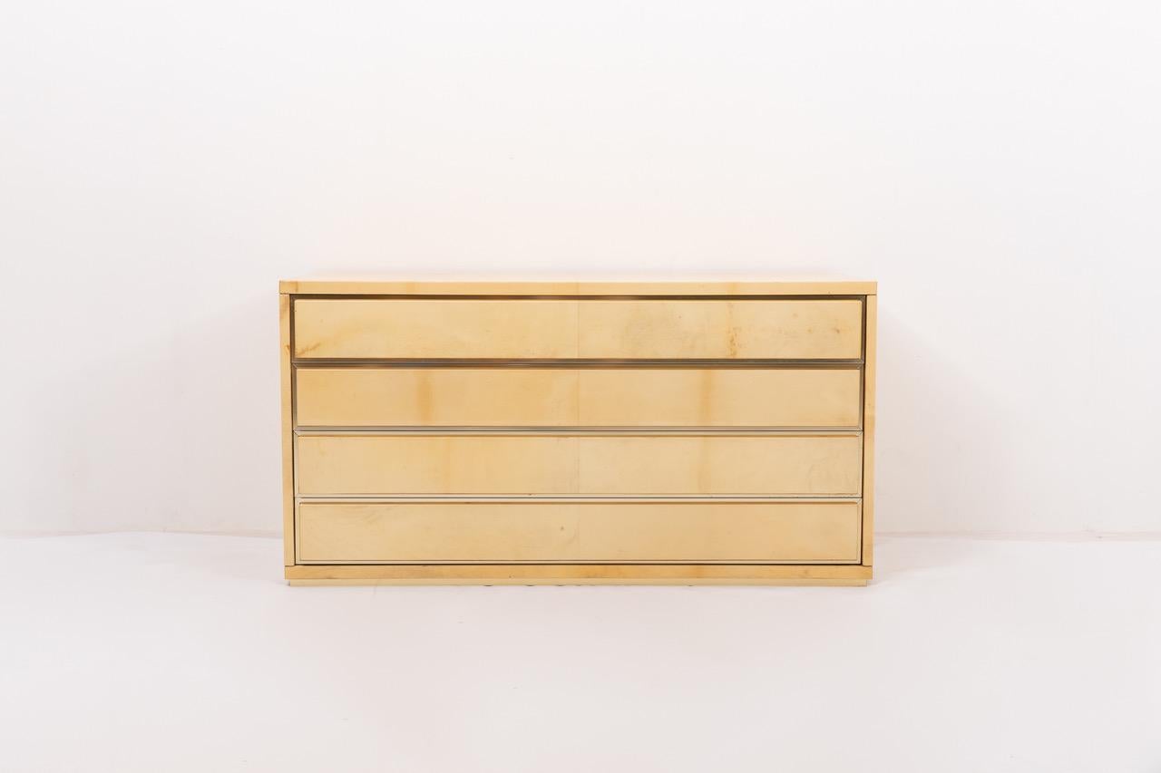 Late 20th Century Crème Vellum Chest of Drawers w. Brass Details by Aldo Tura - Italy 1970s  For Sale