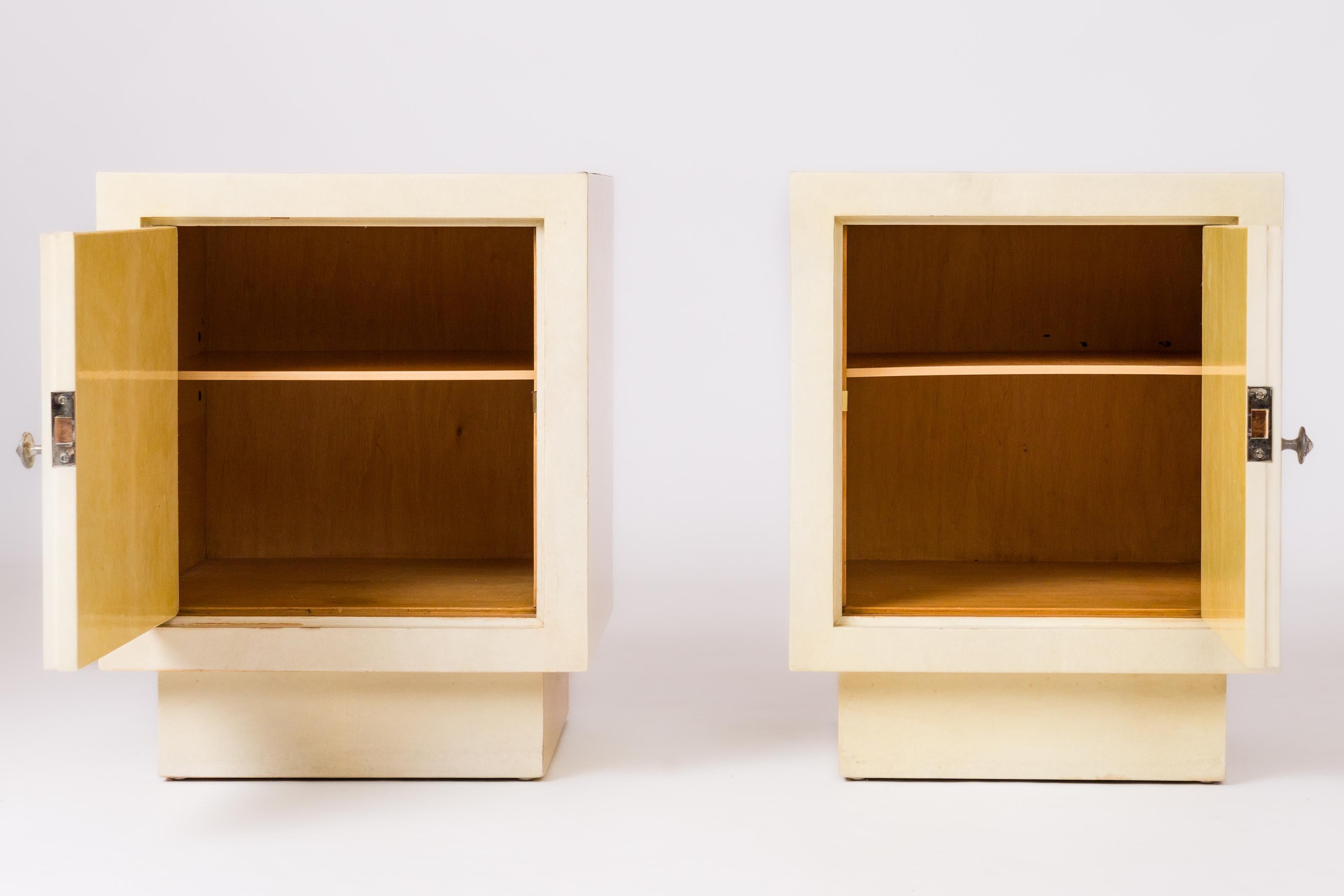 French Creme Velum & Fruitwood Night Stands in the manner of JM Frank - France 1950's