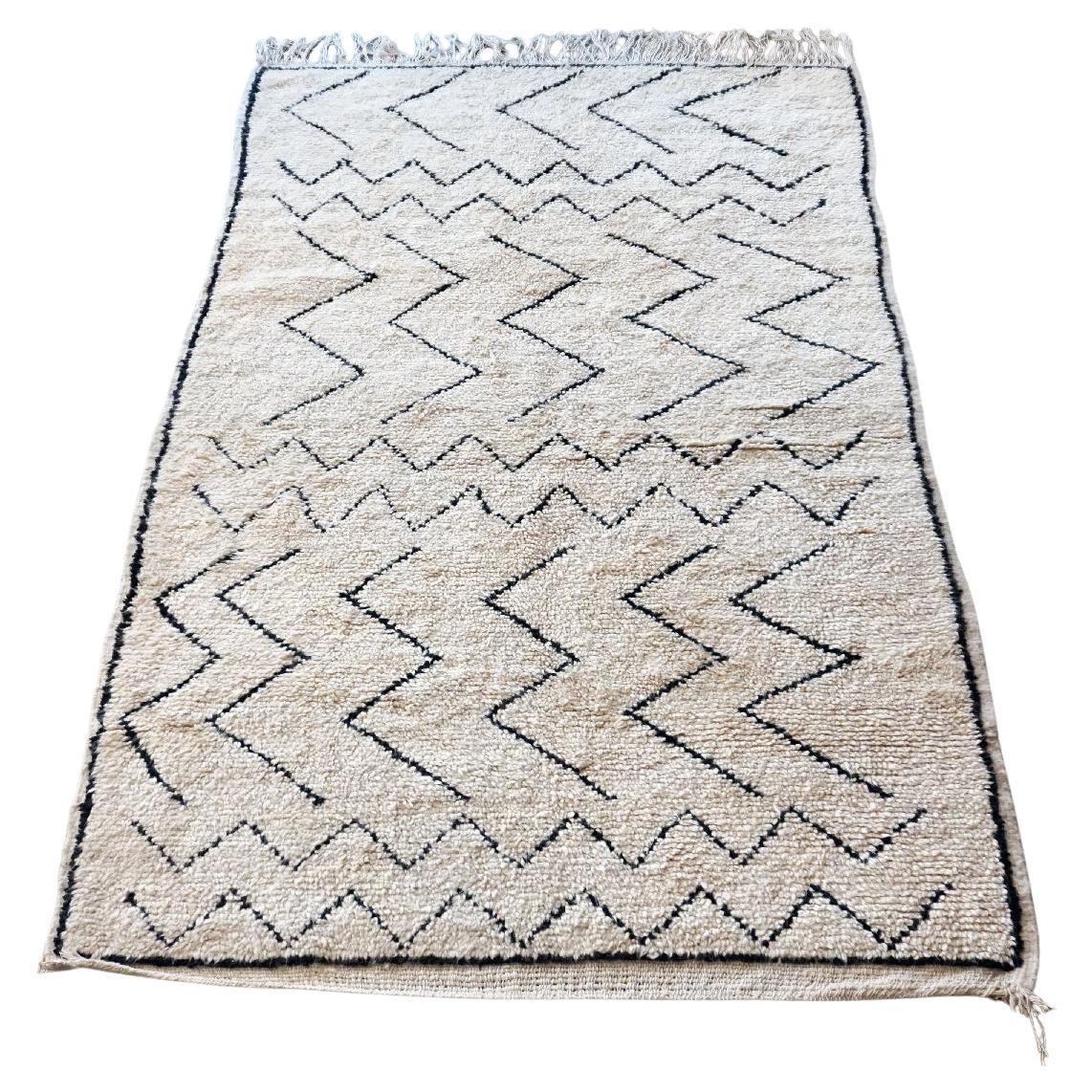 Creme white and black Vintage Moroccan Handwoven Wool Berber Rug For Sale
