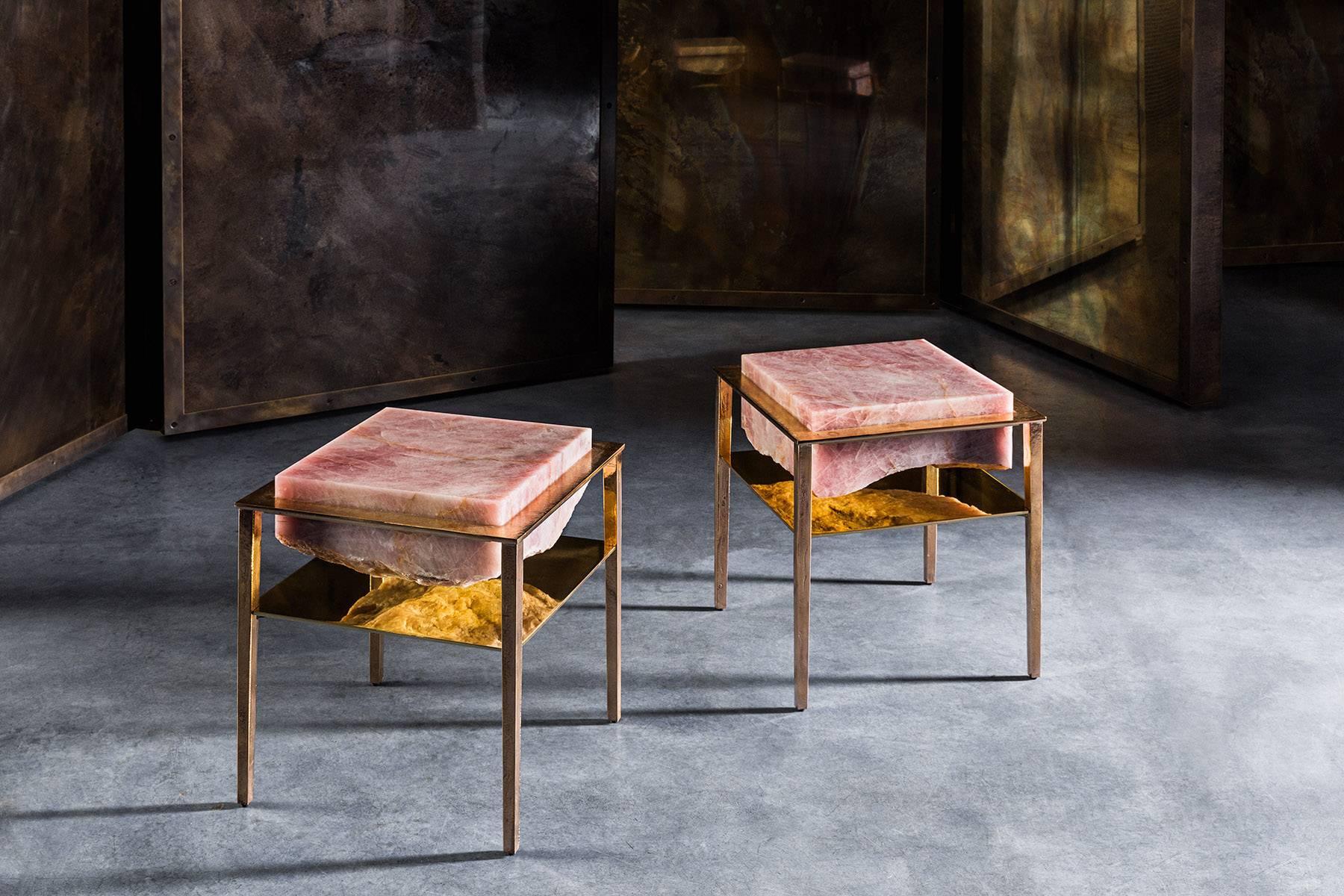 Each of these unique tables by acclaimed artist and master-craftsman, Gianluca Pacchioni, is handcrafted at the sculptor's studio in Milan. Slabs of individually sourced and hand-hewn pink onyx are suspended mid-air by uncannily thin legs. 

A