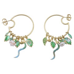 21st Century Silver Gold Plated Hoop Earrings Leaves Roses Coral Snakes Enamel