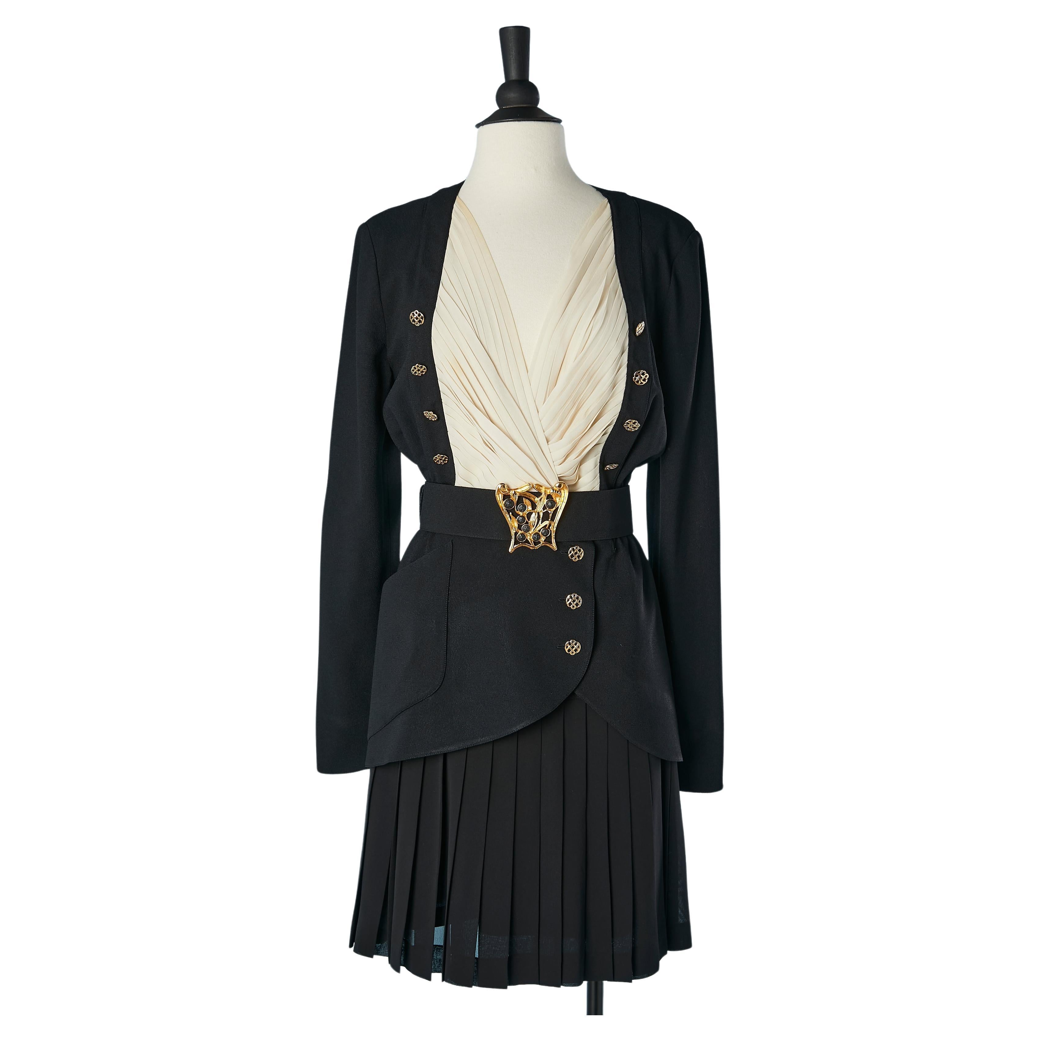 Crêpe & silk chiffon with gold buttons and belt skirt-suit Karl Lagerfeld  For Sale