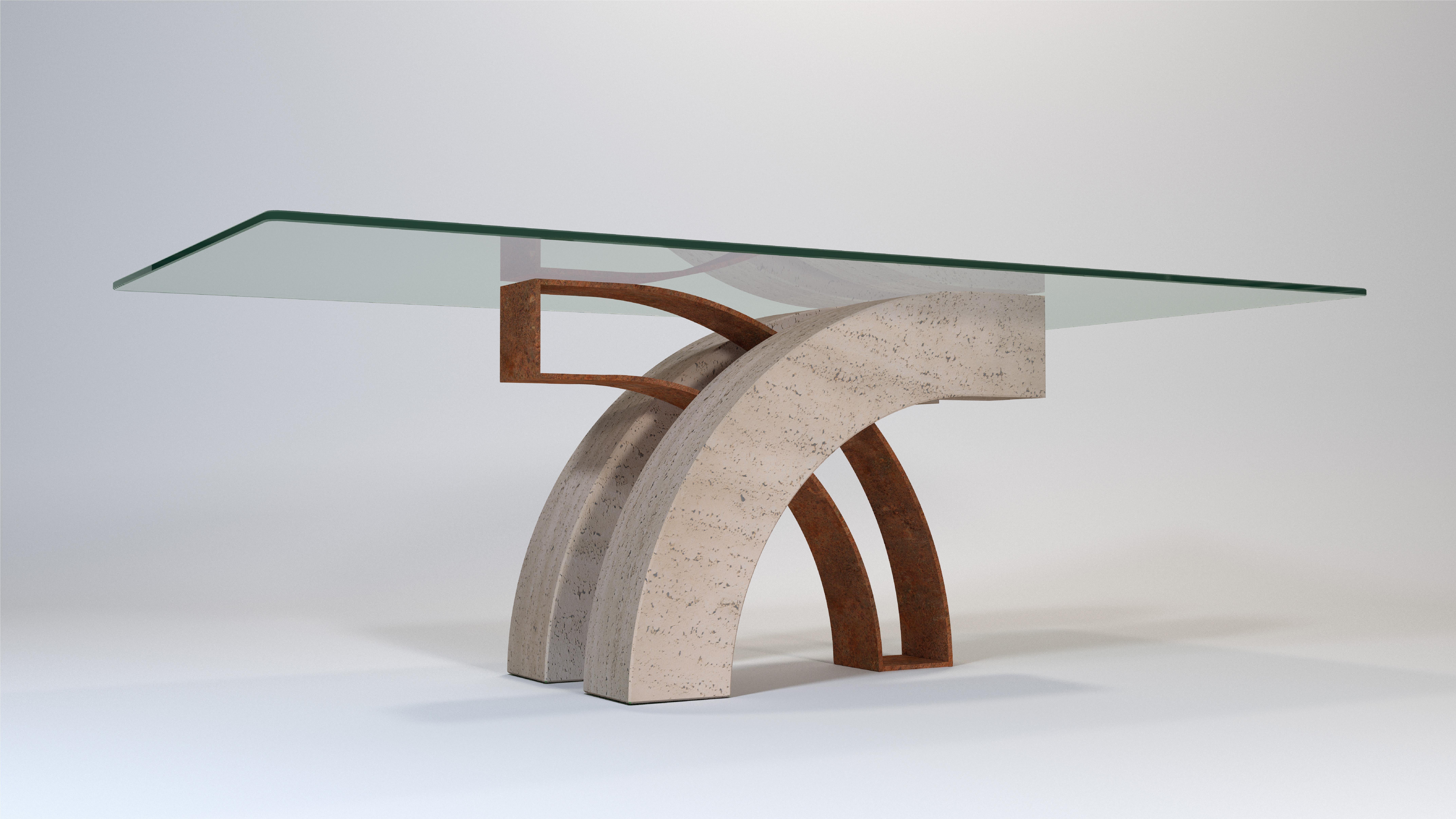 CRESA Travertine Marble Dining Table Limited Edition 1 Joaquín Moll Meddel Spain
Cresa is a designer dining table in natural Roman travertine marble combined with iron in oxide finish. On the surface a transparent glass to show the sculptural