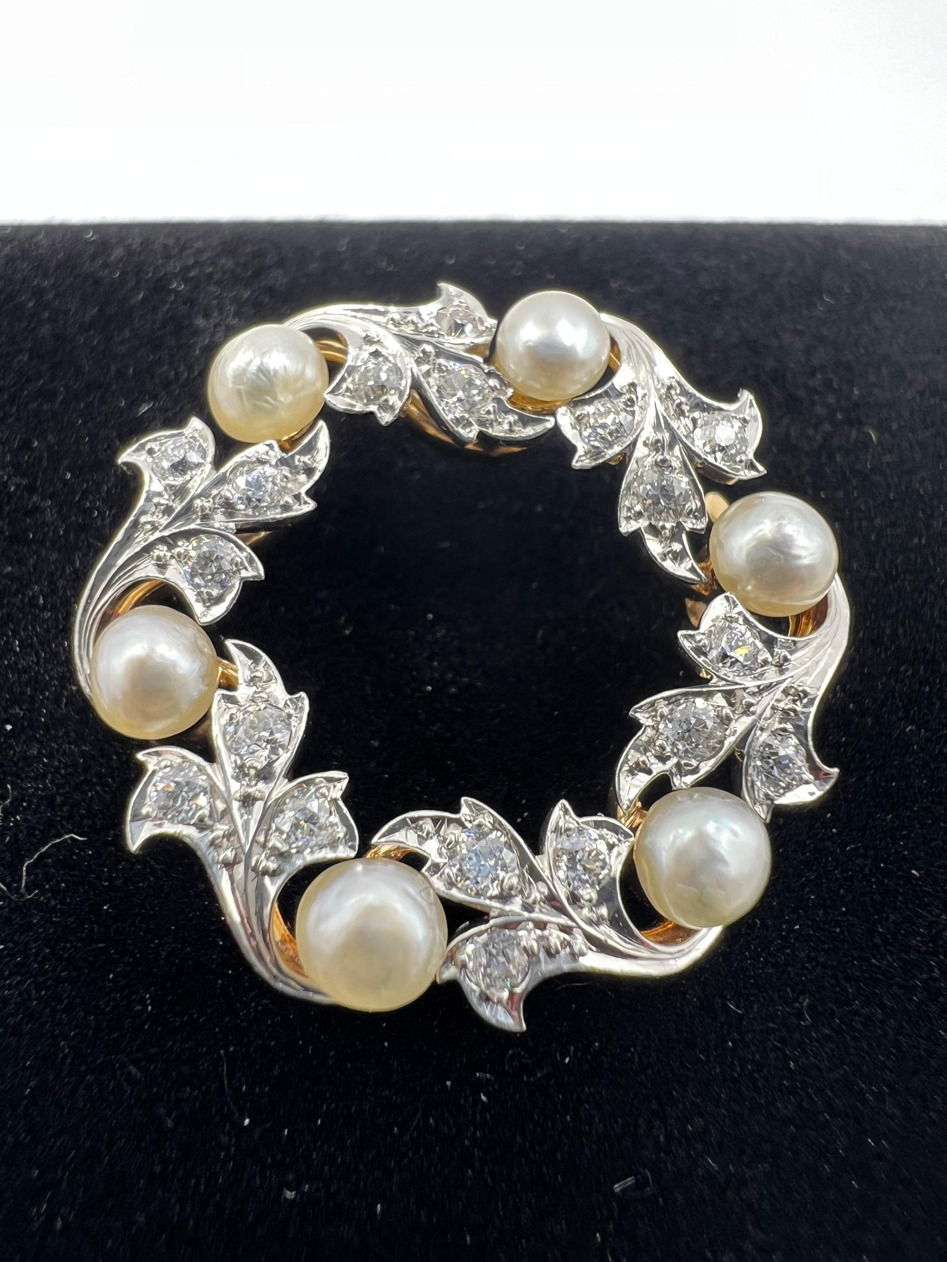 Edwardian Cresarrow Diamond Pearl Platinum Yellow Gold Wreath Brooch Circa 1900 For Sale