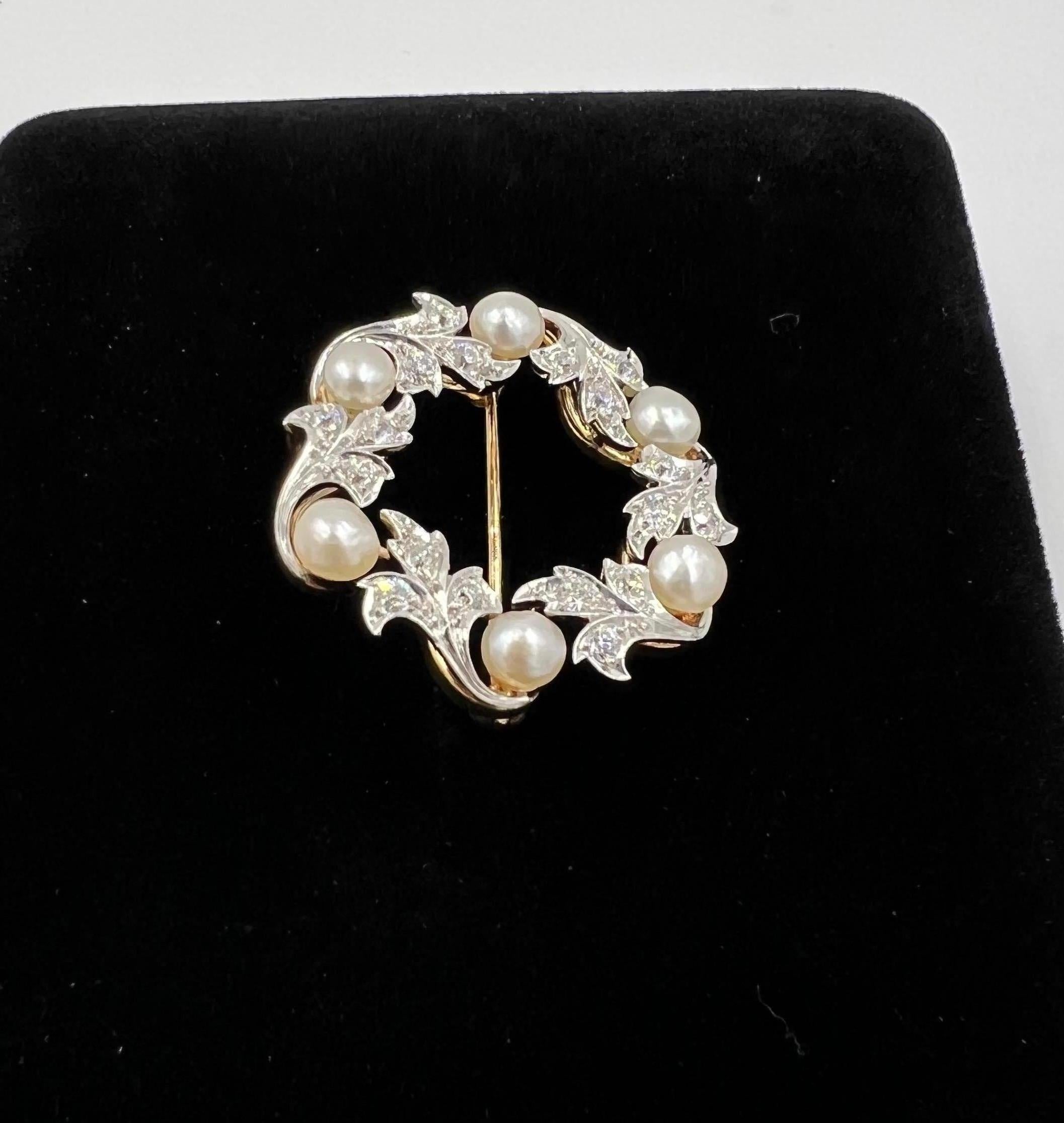 Old European Cut Cresarrow Diamond Pearl Platinum Yellow Gold Wreath Brooch Circa 1900 For Sale