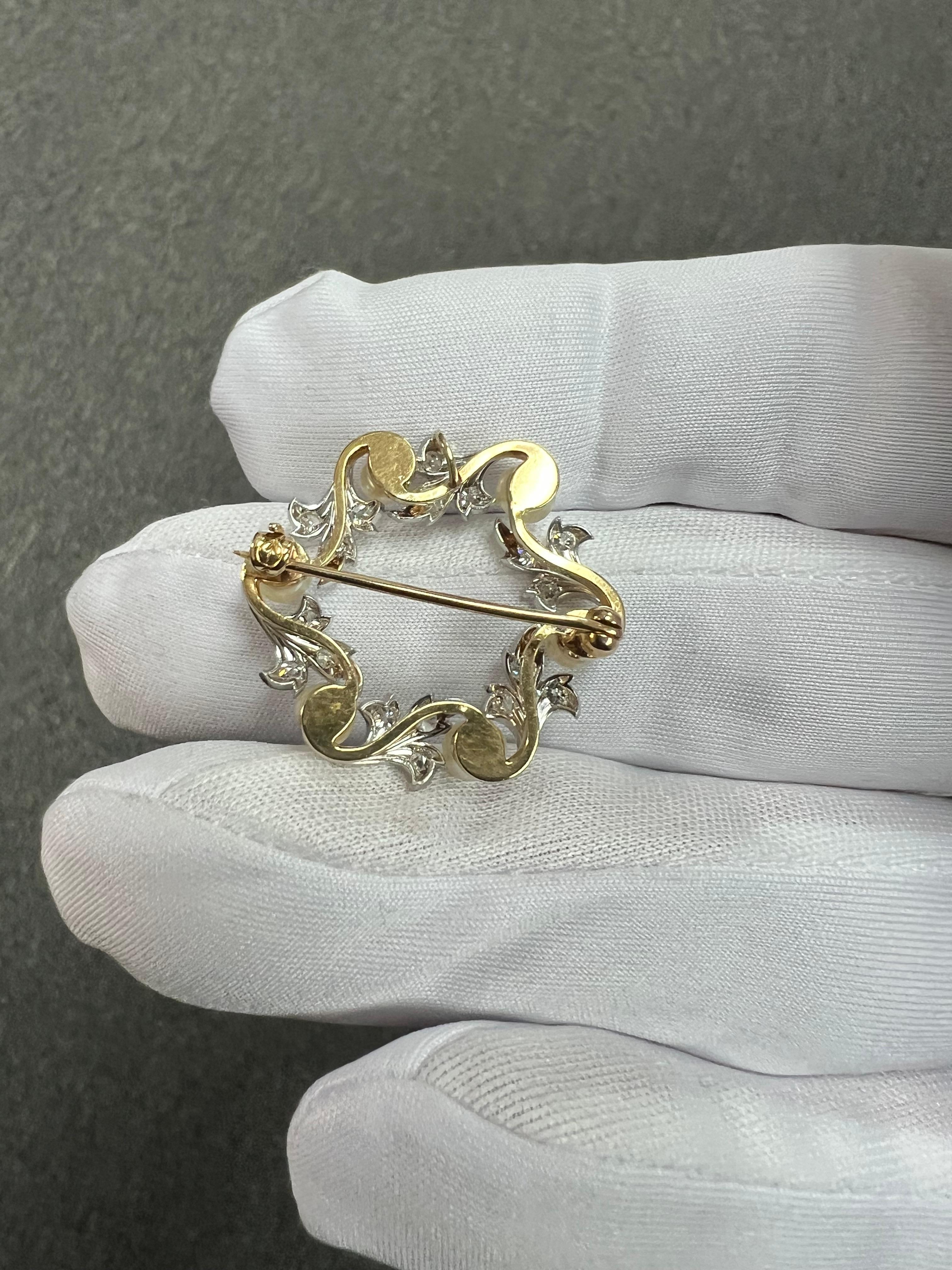 Cresarrow Diamond Pearl Platinum Yellow Gold Wreath Brooch Circa 1900 For Sale 2