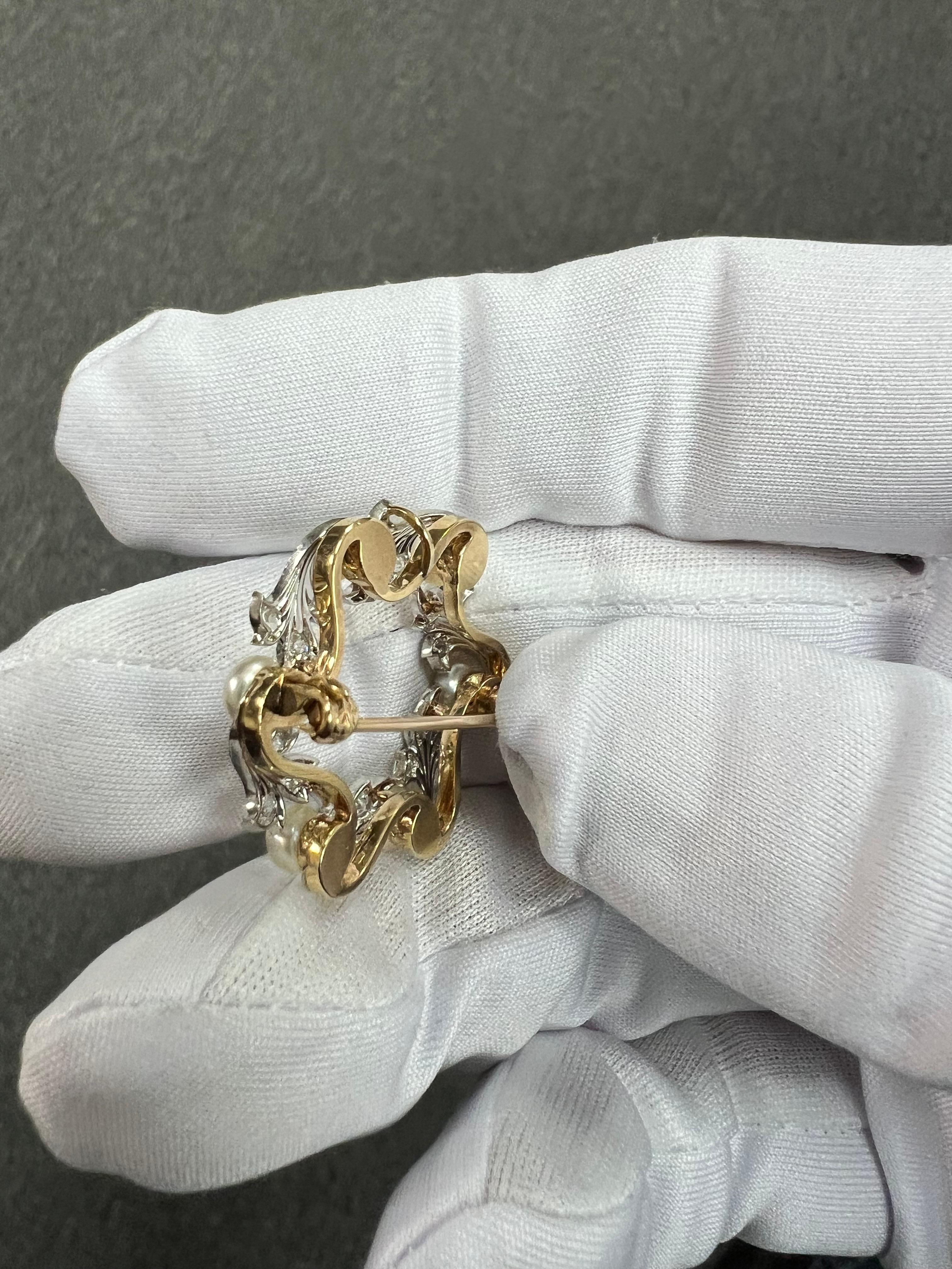 Cresarrow Diamond Pearl Platinum Yellow Gold Wreath Brooch Circa 1900 For Sale 3