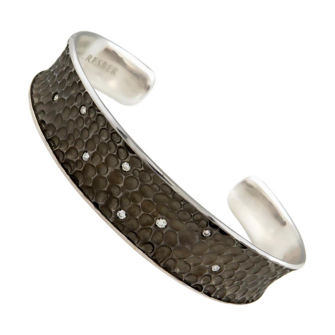 Cresber Textured Diamond Set 18 Karat White Gold Bangle Cuff Bracelet