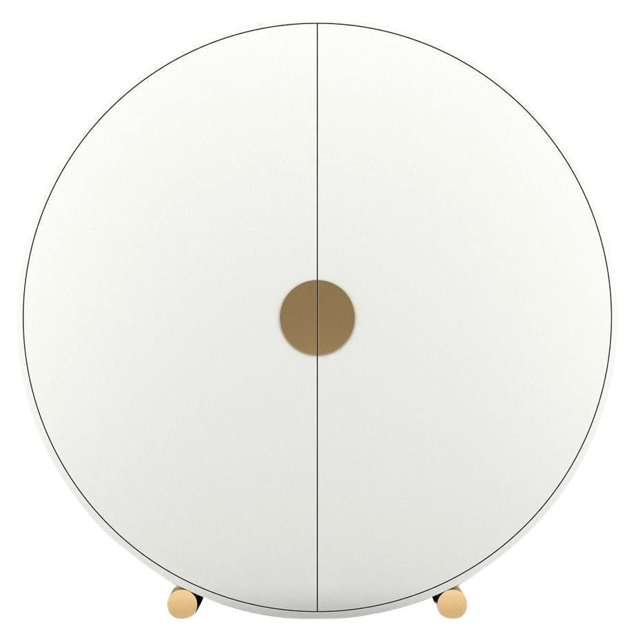 Crescent Bar Cabinet - Modern Handcrafted White Lacquer Cabinet with Brass Legs