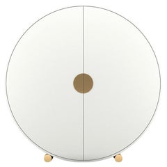 Crescent Bar Cabinet - Modern Handcrafted White Lacquer Cabinet with Brass Legs